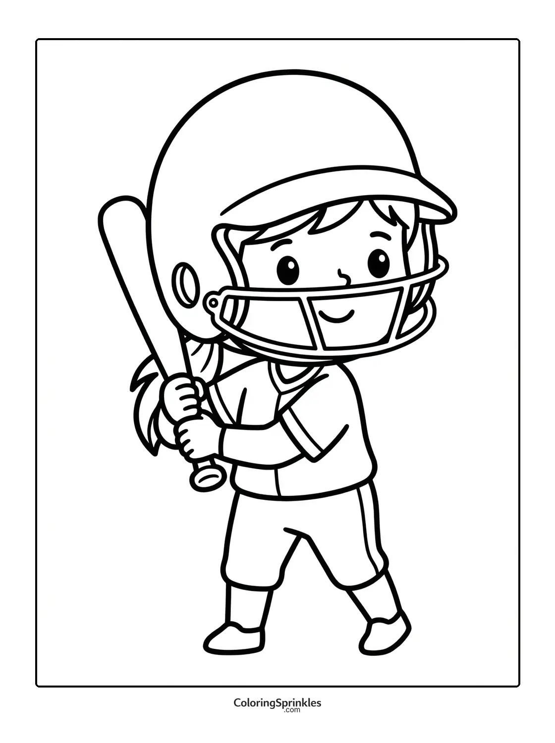 Coloring page of a girl batting in softball wearing a helmet