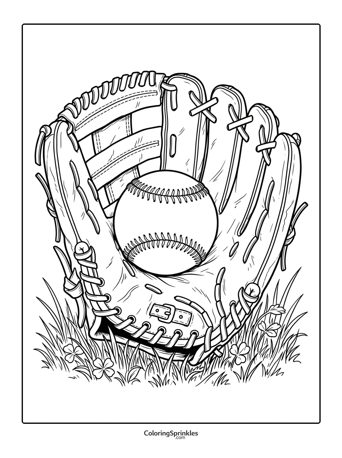 Coloring page of a softball glove holding a ball in grass with clovers