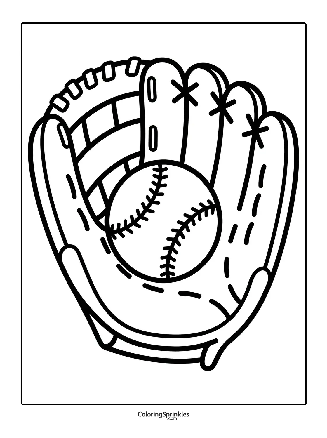 Coloring page of a softball glove holding a ball