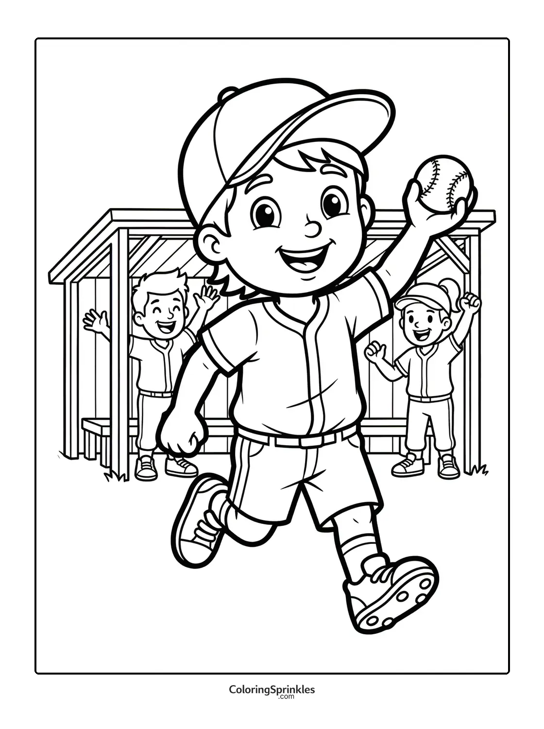 Coloring page of kids playing softball near a dugout