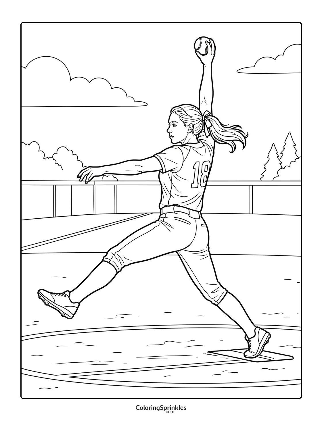Coloring page of a woman softball pitcher throwing a ball on an outdoor field