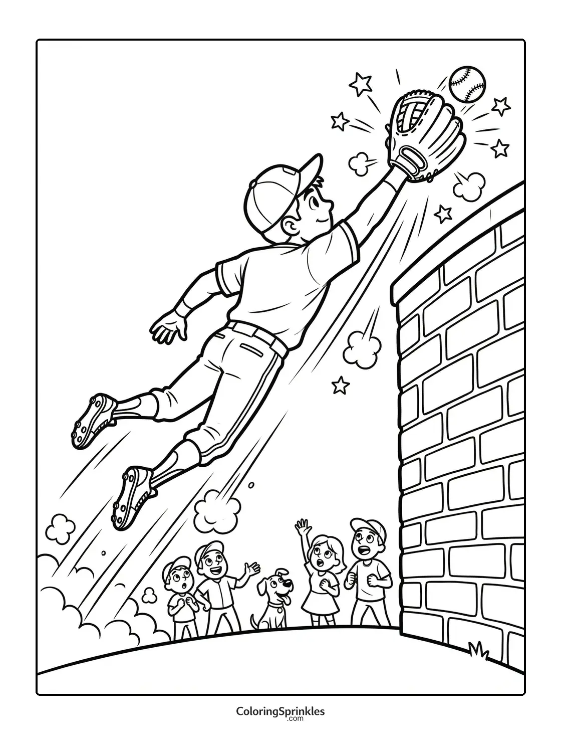 Coloring page of a softball player leaping to catch a ball with children and a dog watching