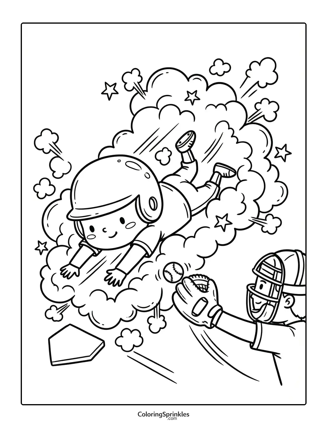 Coloring page of a softball player sliding into base with a catcher catching the ball
