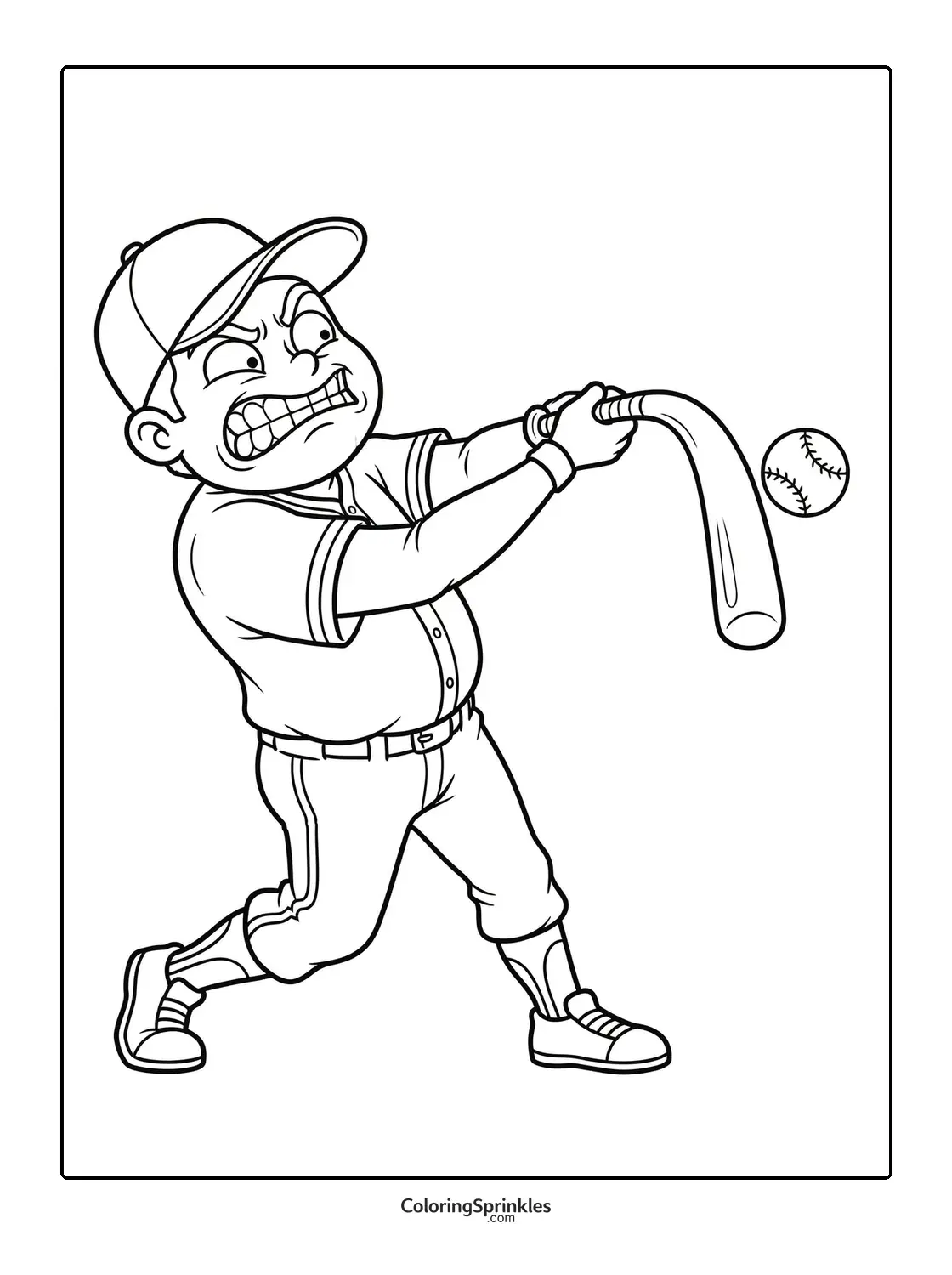 Coloring page of a softball player intensely swinging a bat