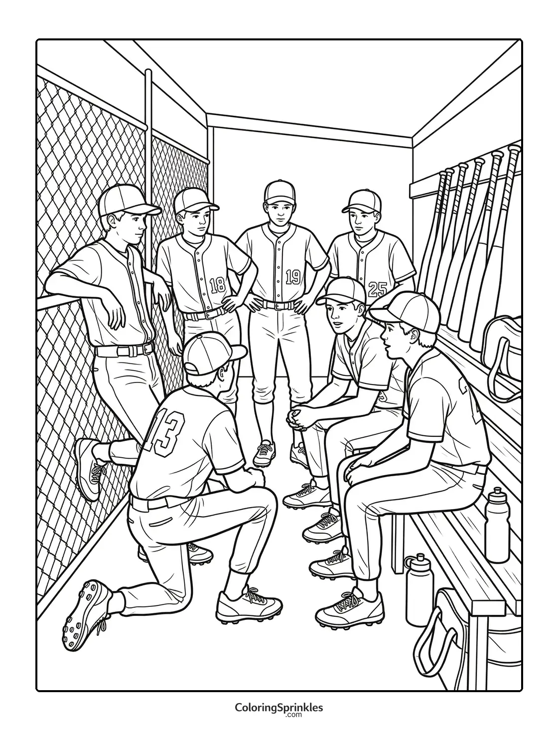 Coloring page of softball players in a dugout having a team discussion