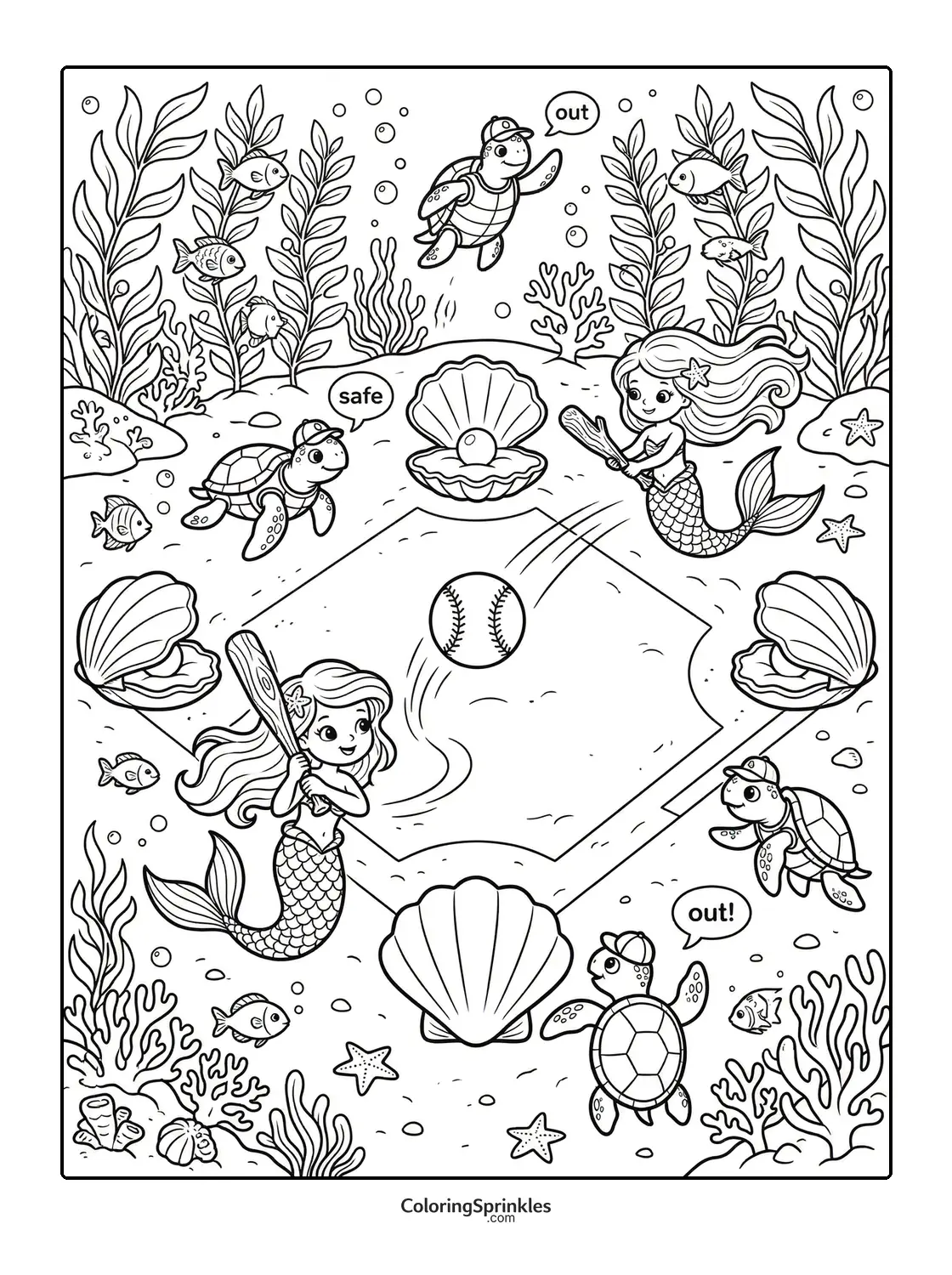 Coloring page of mermaids playing softball underwater with turtles and seashells