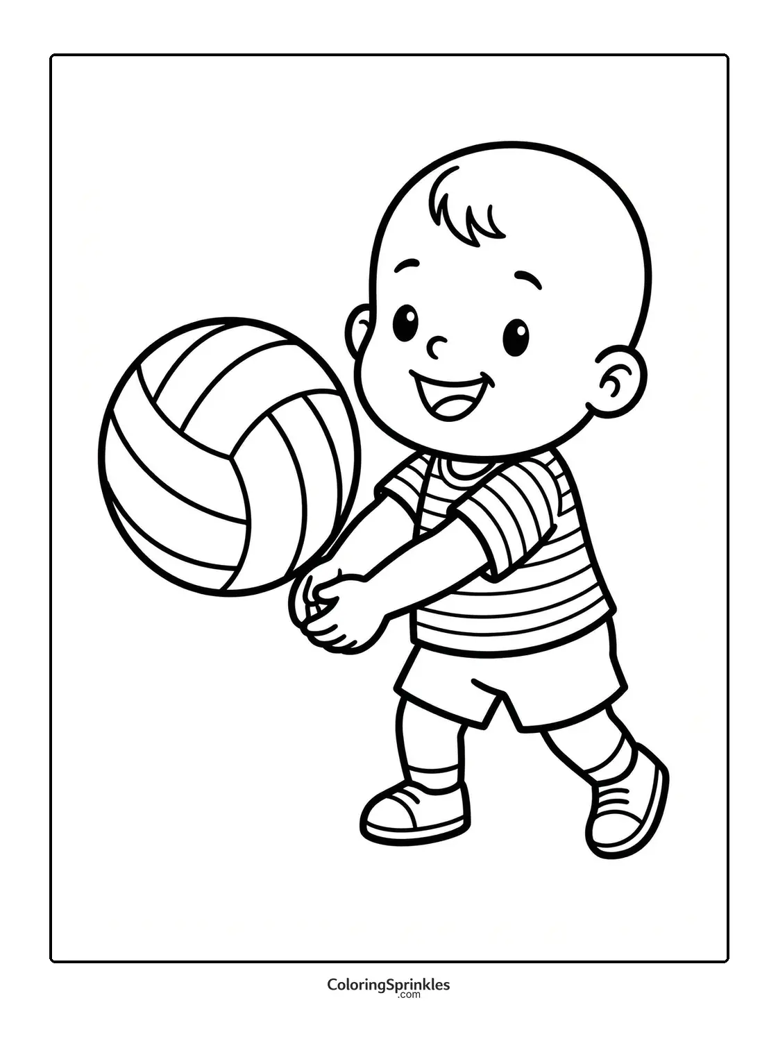 Coloring page of a baby boy playing volleyball