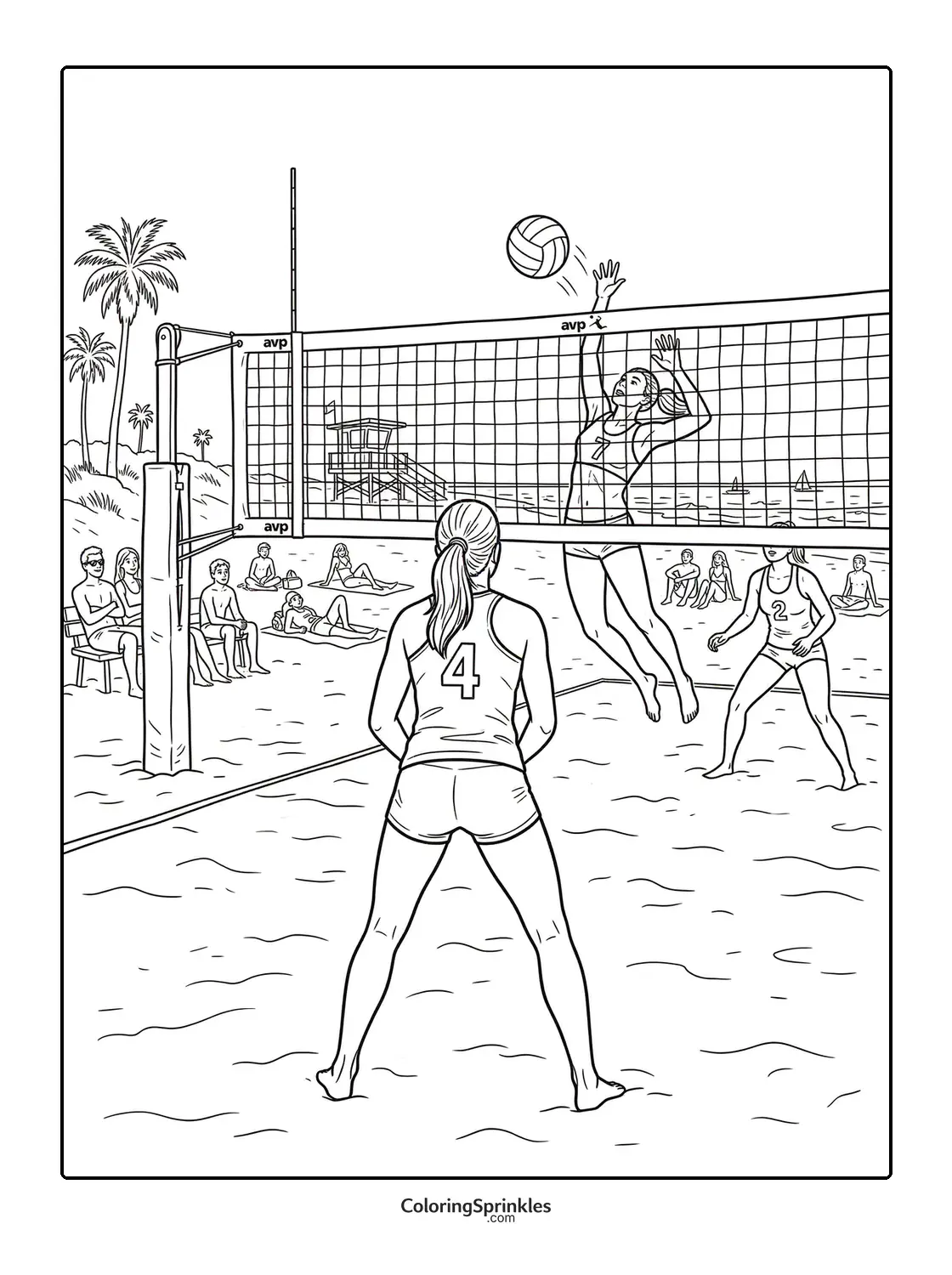 Coloring page of women playing beach volleyball at the net