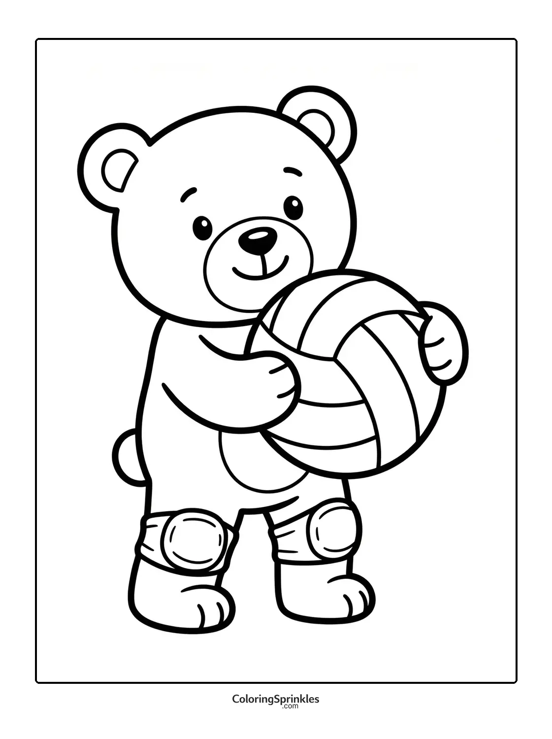 Coloring page of a bear holding a volleyball wearing knee pads