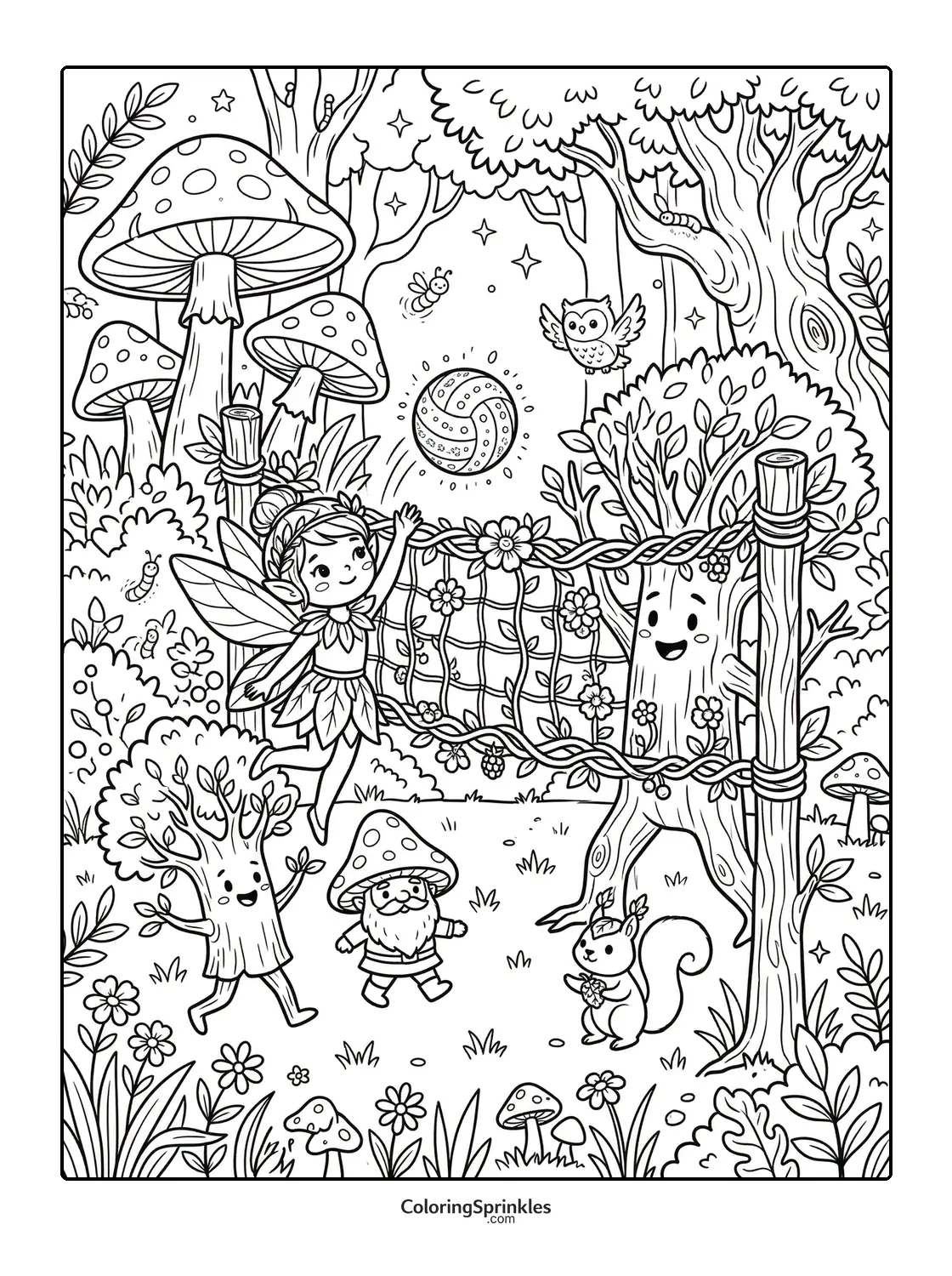 Coloring page of a fairy playing volleyball in a magical forest with a gnome and animals