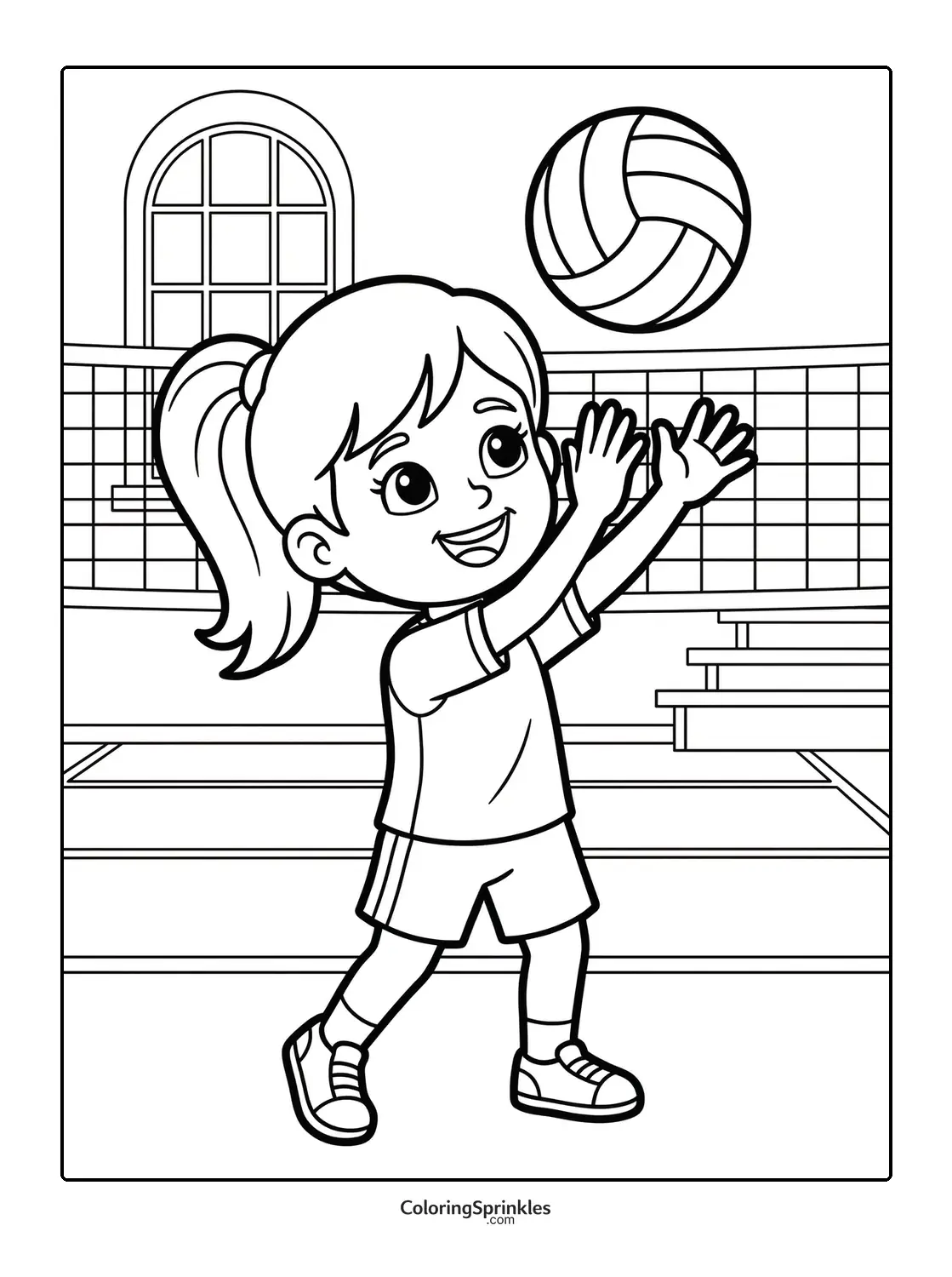 Coloring page of a girl playing volleyball on an indoor court