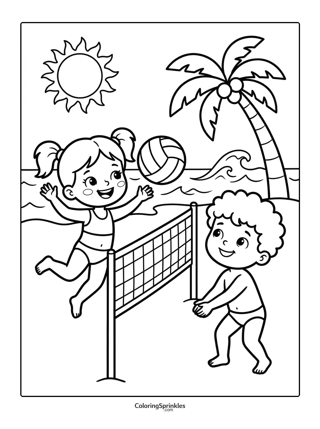 Coloring page of kids playing volleyball on a beach with a palm tree and sun
