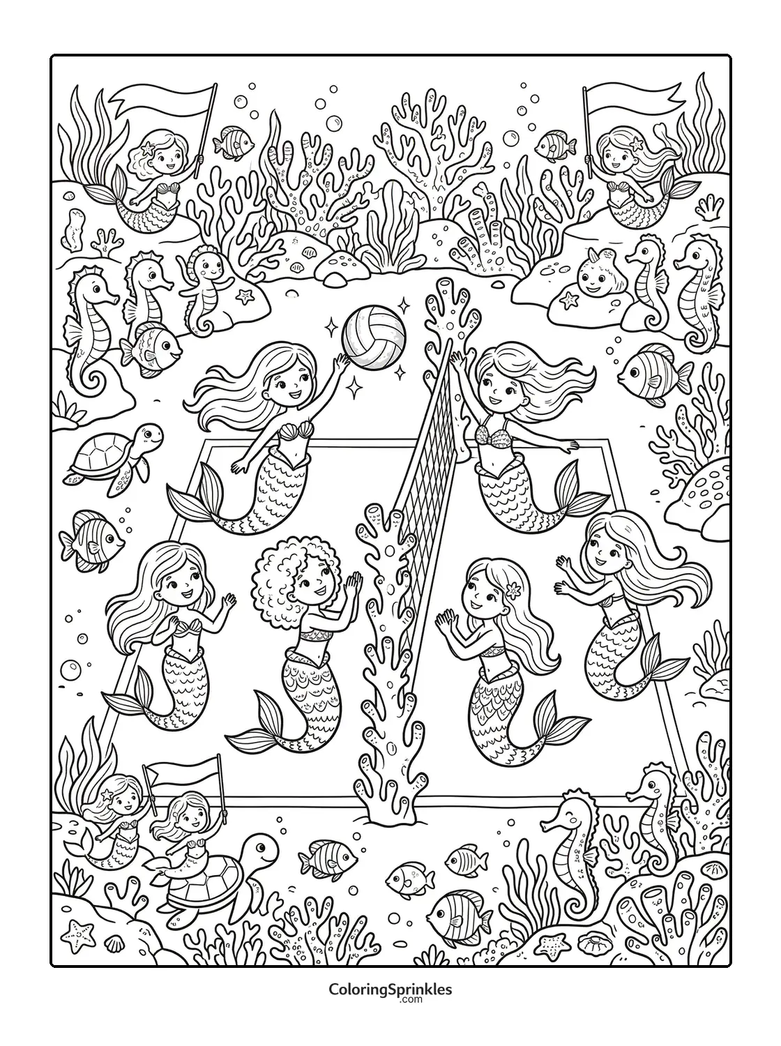 Coloring page of mermaids playing volleyball underwater with sea creatures