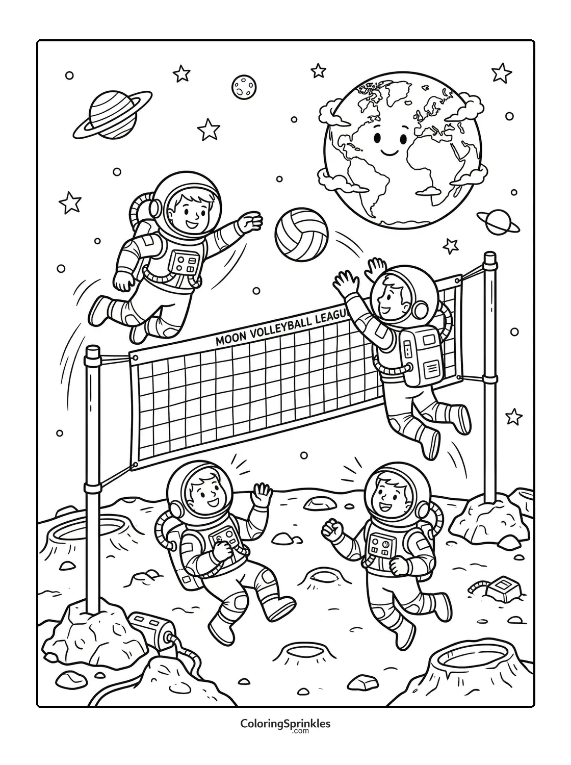 Coloring page of astronauts playing volleyball on the moon with Earth and stars in the background