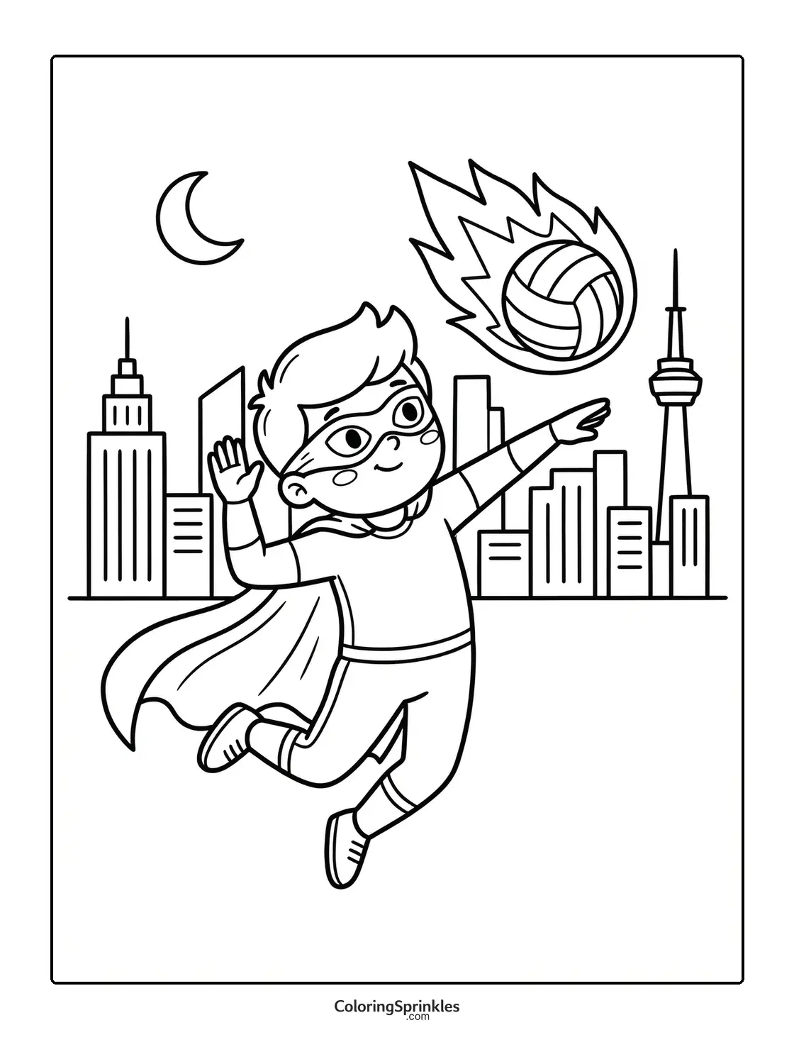 Coloring page of a superhero boy playing volleyball in a city at night