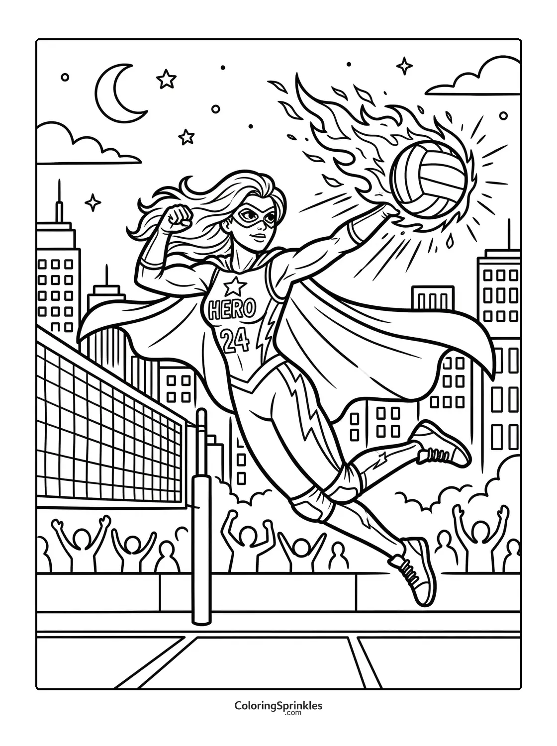 Coloring page of a superhero volleyball player spiking a flaming ball in a city at night