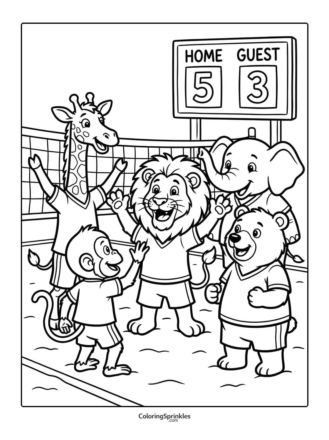 Coloring page of animals playing volleyball with a scoreboard