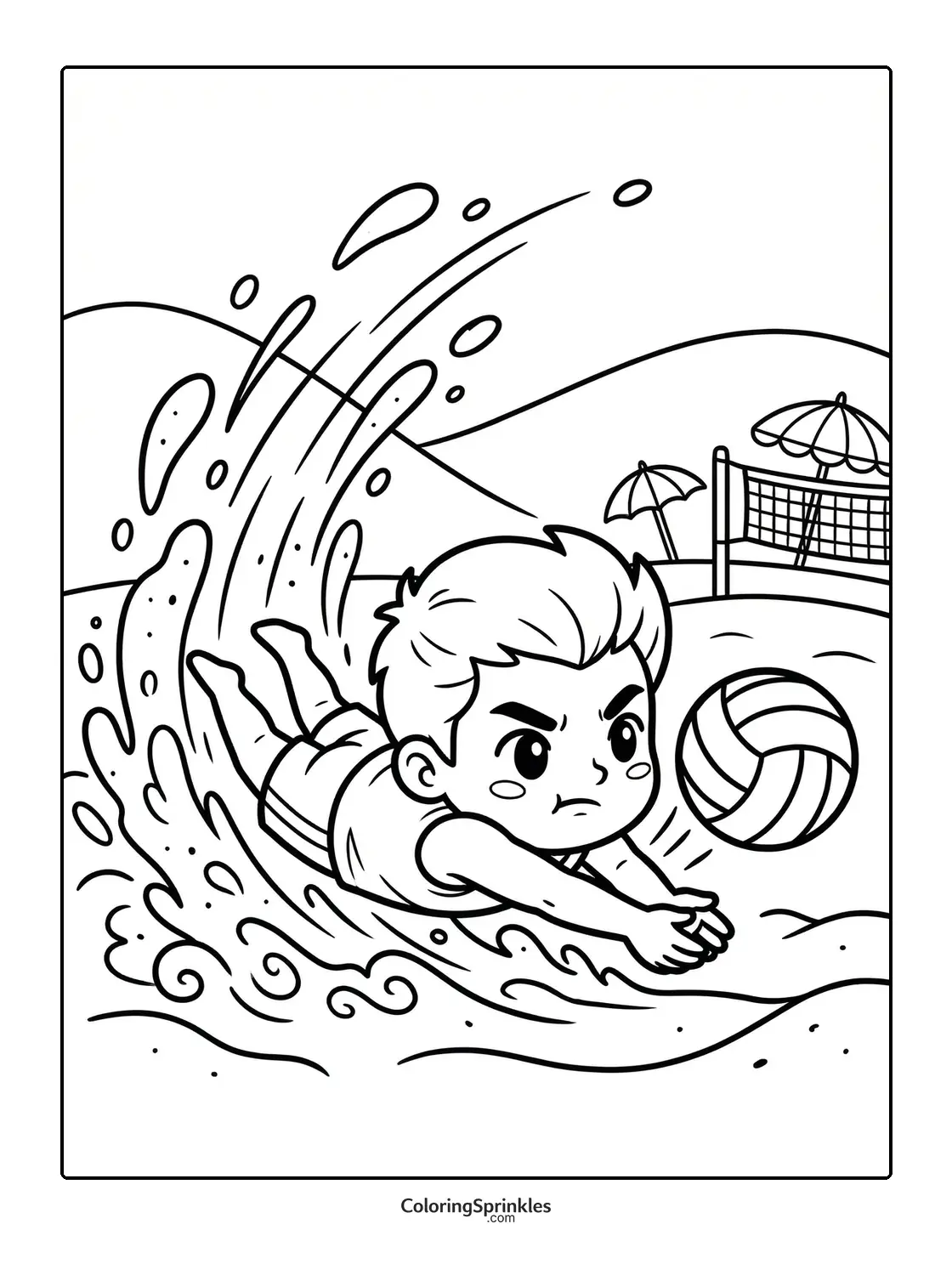 Coloring page of a boy diving to hit a volleyball on the beach