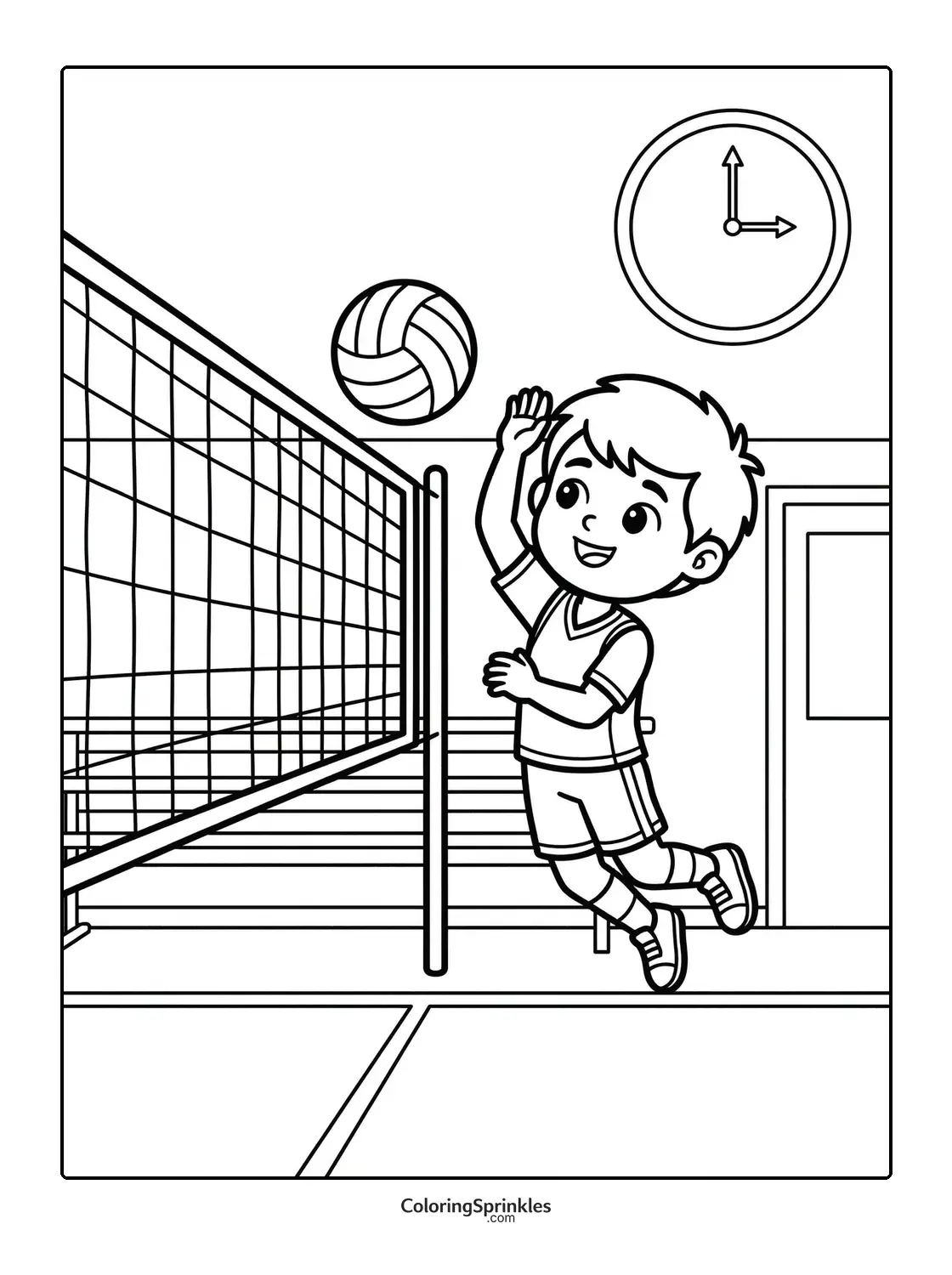 Coloring page of a boy jumping to hit a volleyball on an indoor court