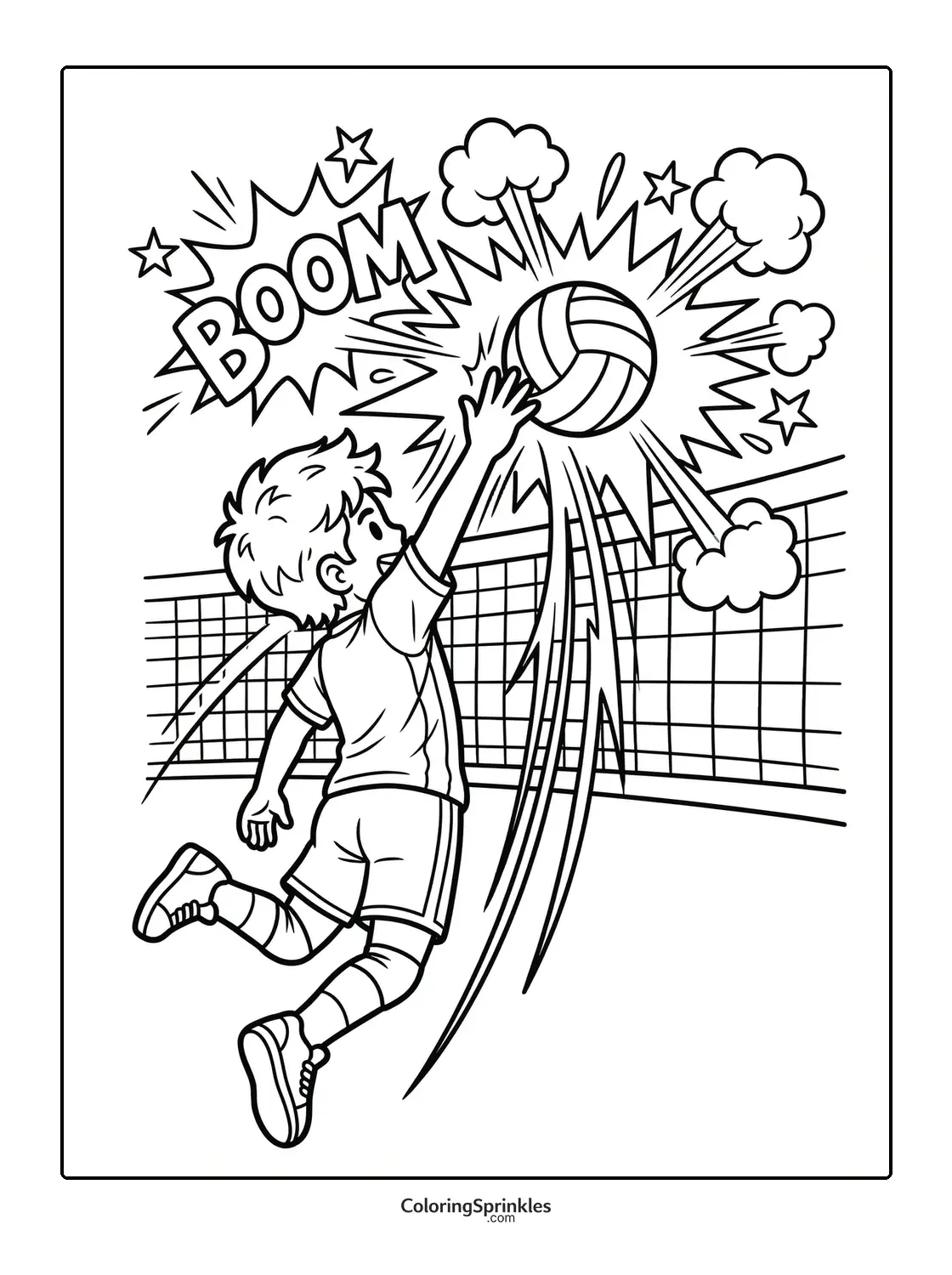 Coloring page of a boy jumping to spike a volleyball over the net