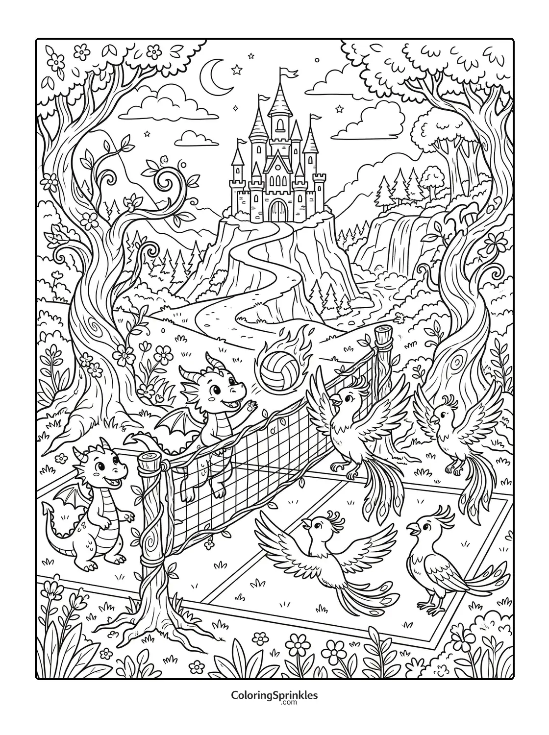 Coloring page of dragons and birds playing volleyball near a castle
