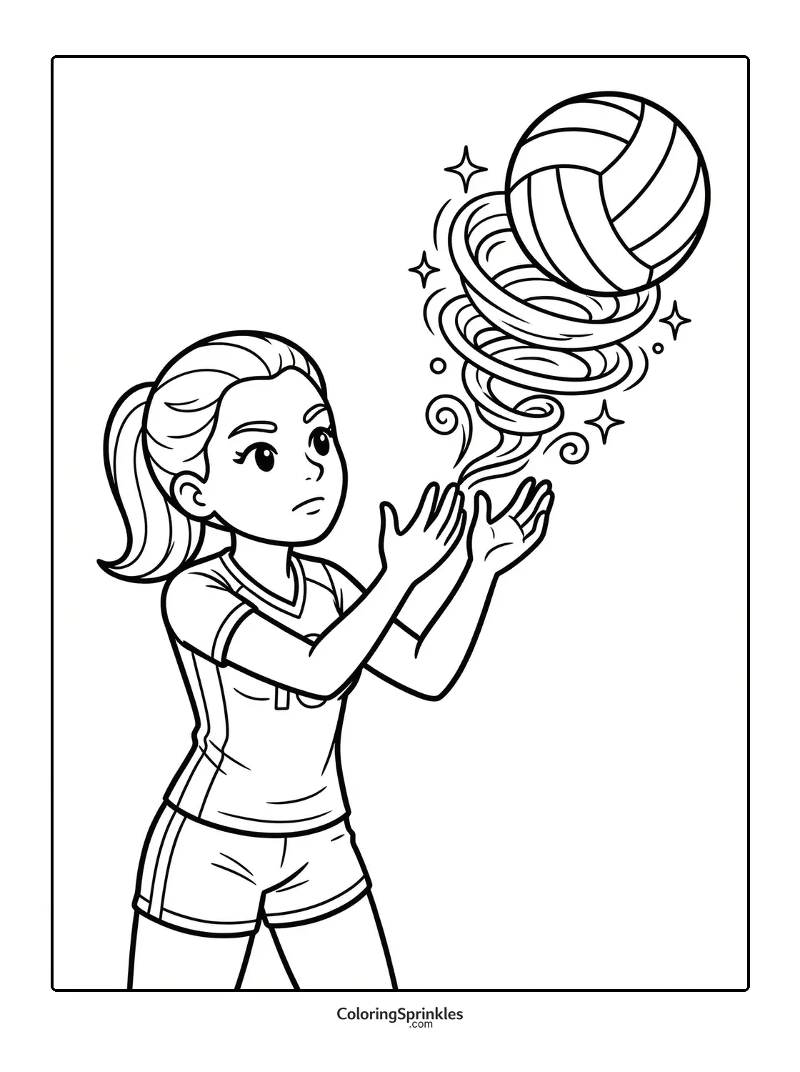 Coloring page of a girl catching a volleyball with magical swirl effects