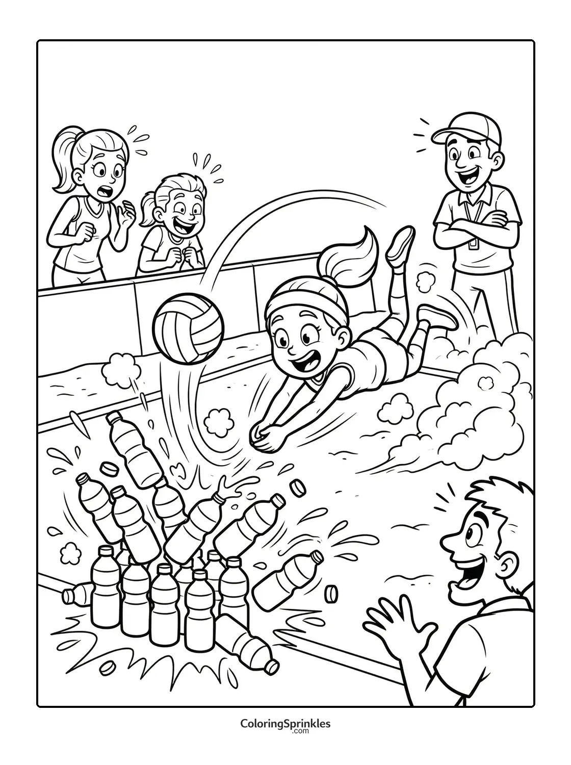 Coloring page of a girl diving to hit a volleyball causing water bottles to fall