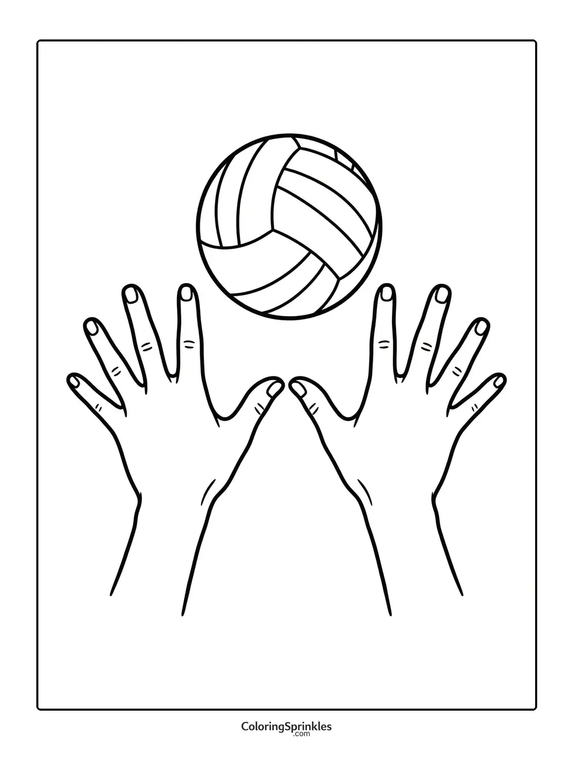 Coloring page of hands reaching for a volleyball