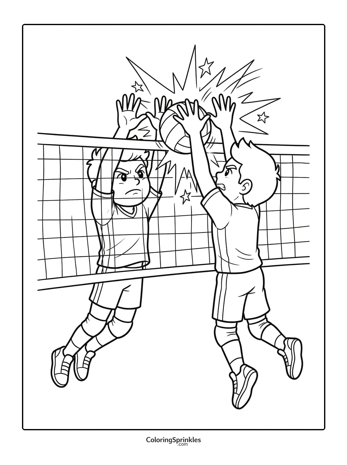 Coloring page of kids playing volleyball blocking the ball at the net