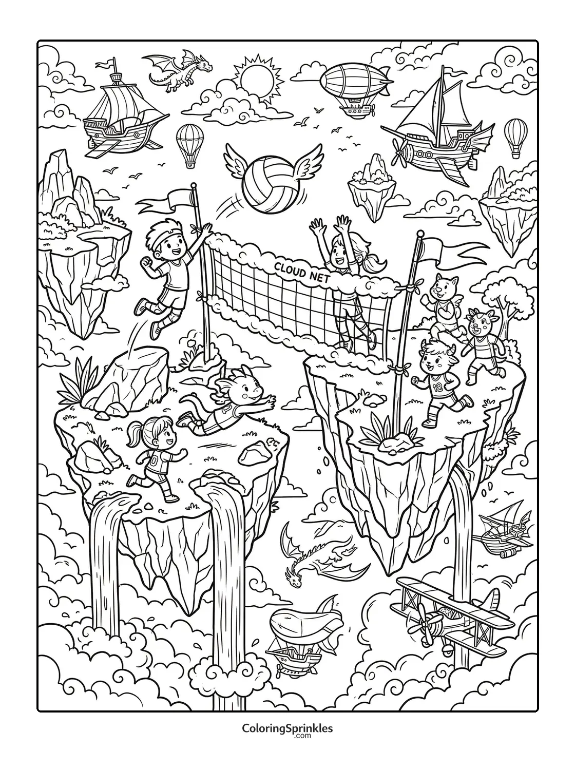 Coloring page of kids playing volleyball on floating islands with a cloud net