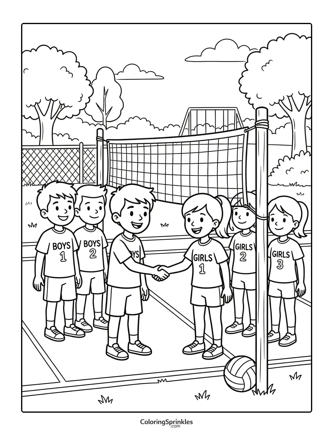Coloring page of kids shaking hands on an outdoor volleyball court