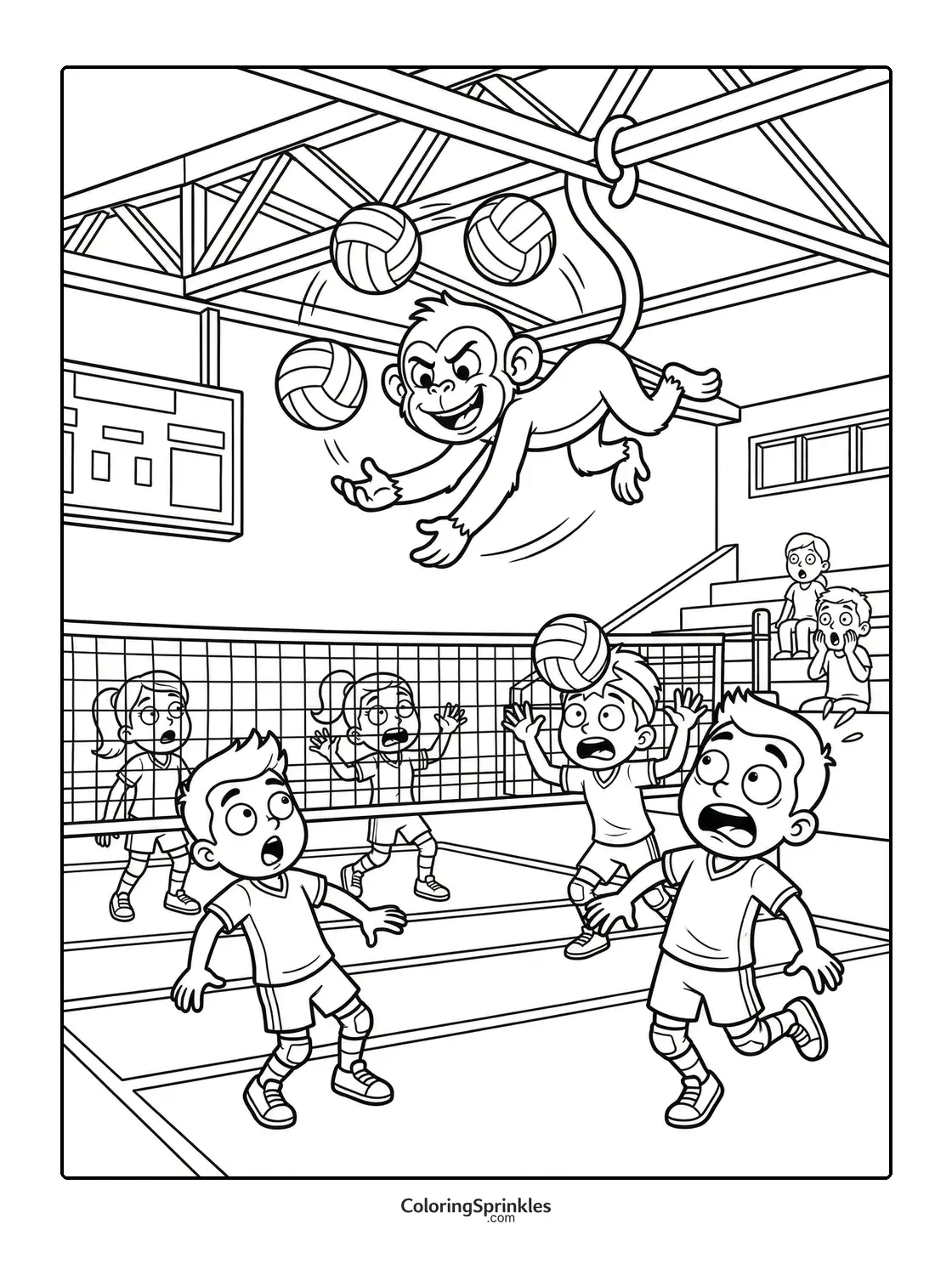 Coloring page of kids playing volleyball surprised by a monkey in a gymnasium