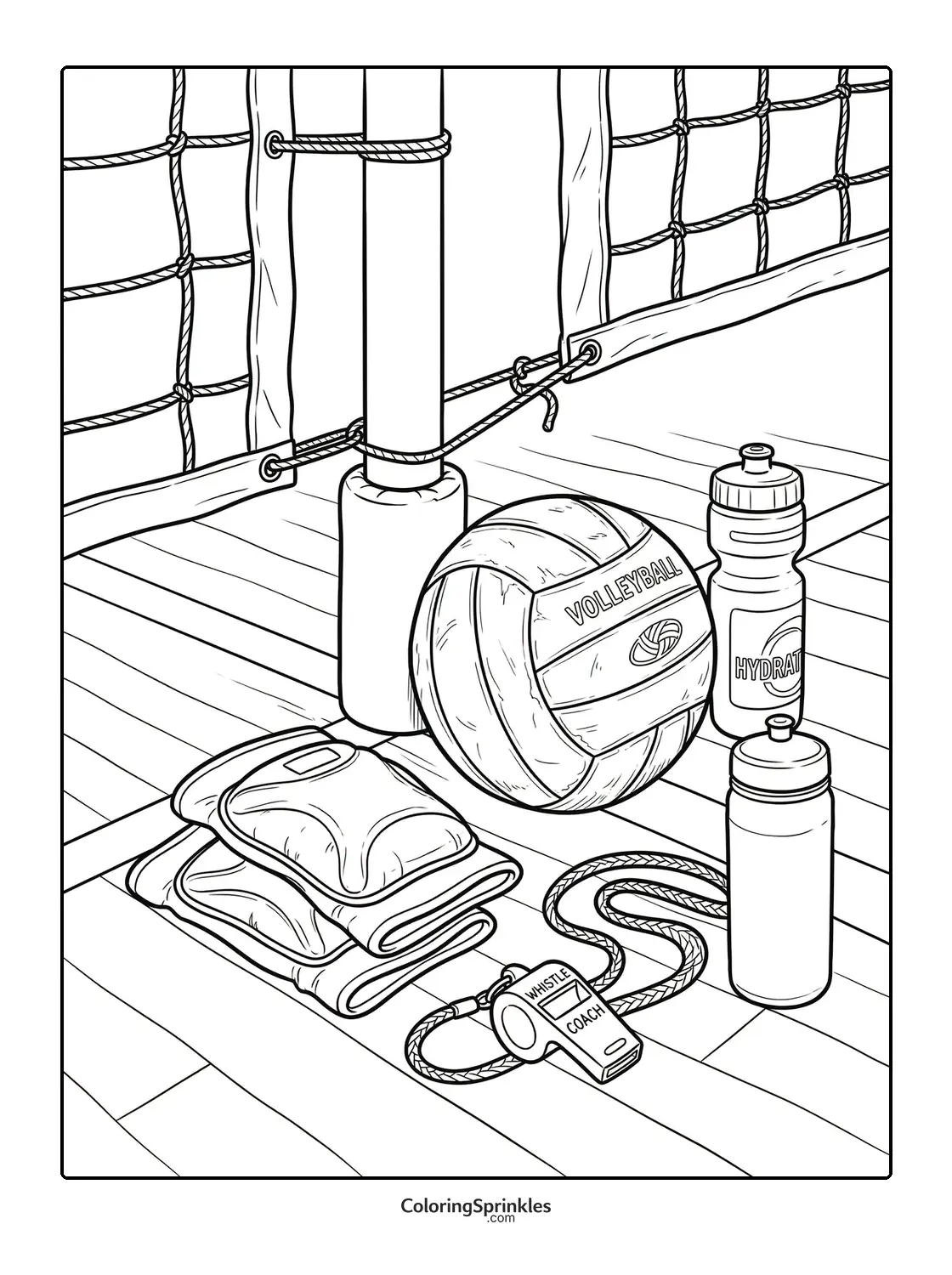 Coloring page of volleyball equipment near a net including ball, water bottles, whistle, and knee pads