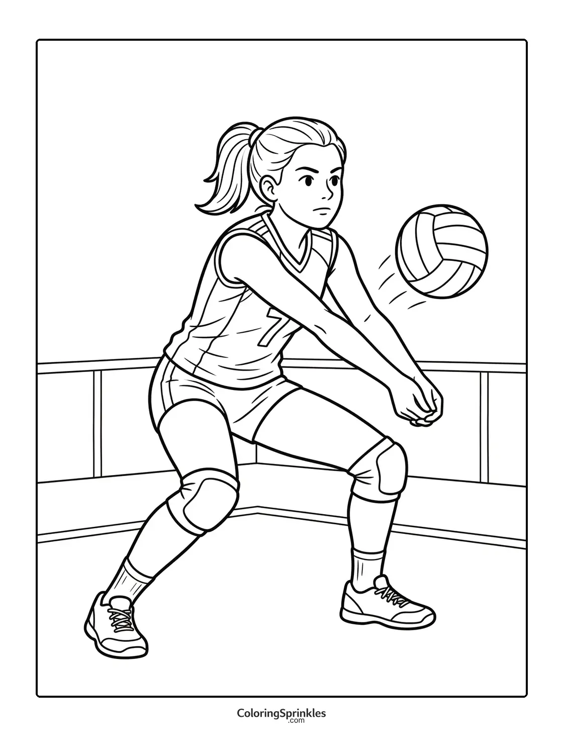 Coloring page of a girl volleyball player receiving the ball