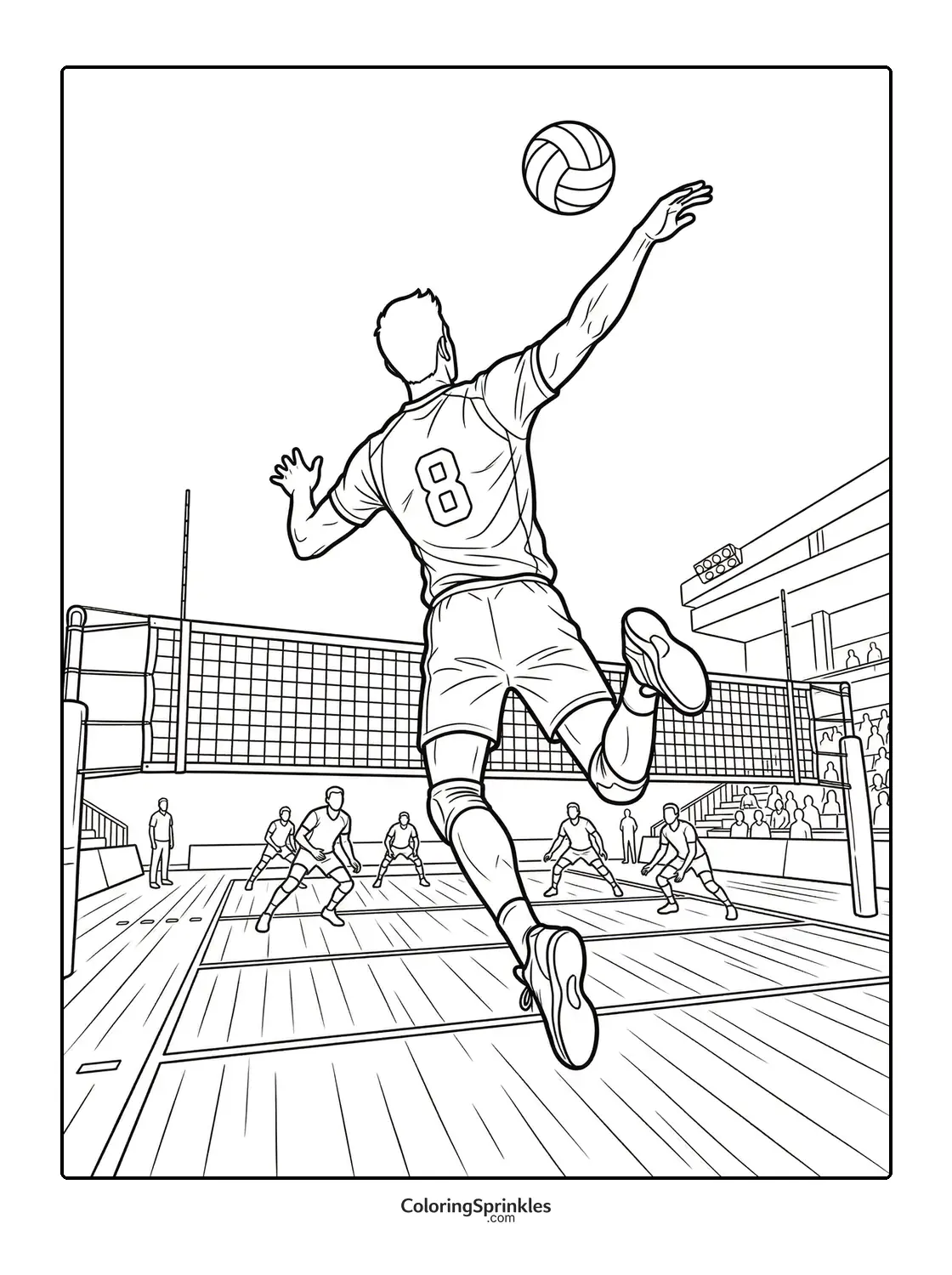 Coloring page of a volleyball player jumping to spike the ball on an indoor court
