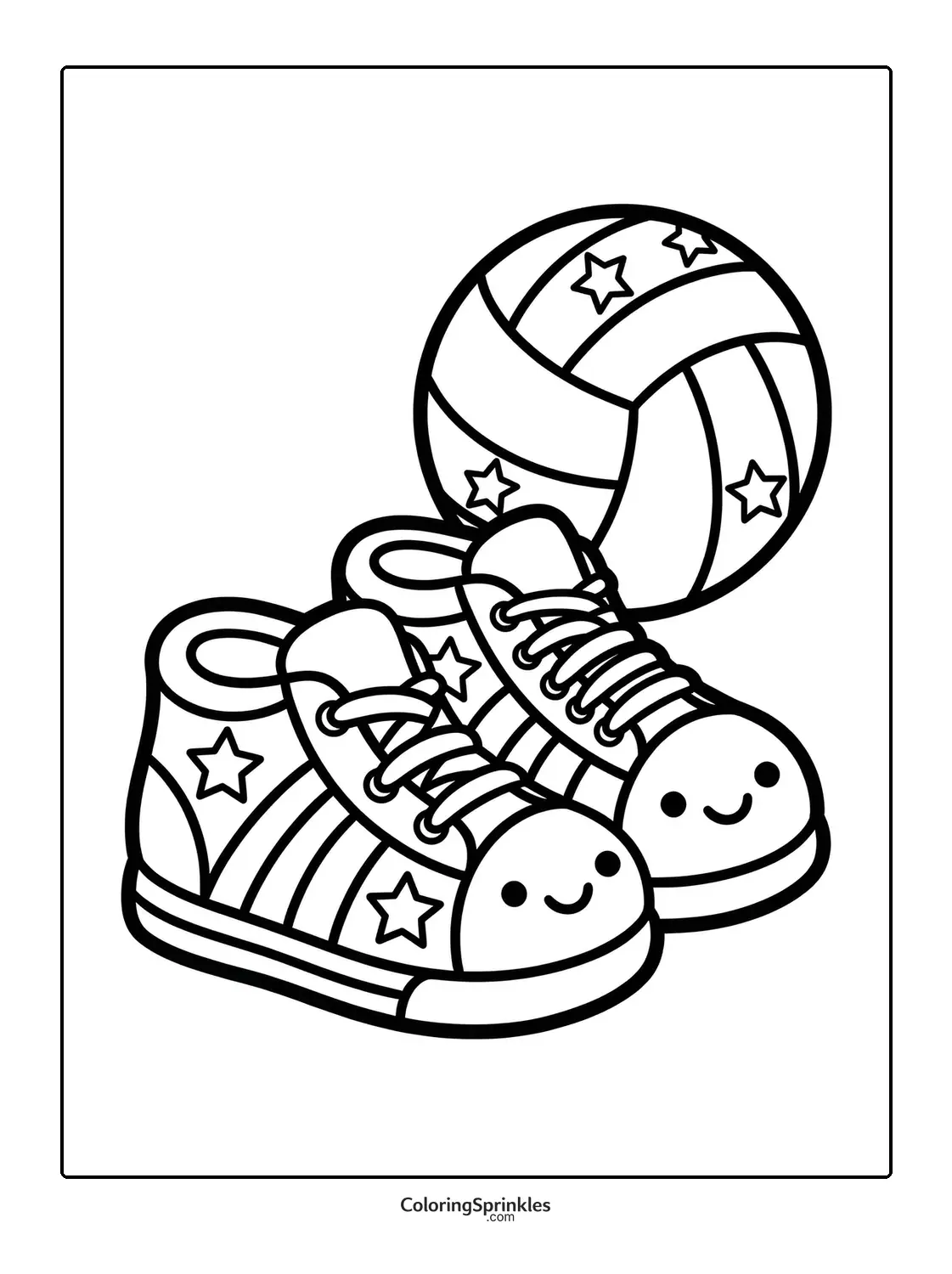 Coloring page of volleyball shoes with smiling faces and a volleyball with stars