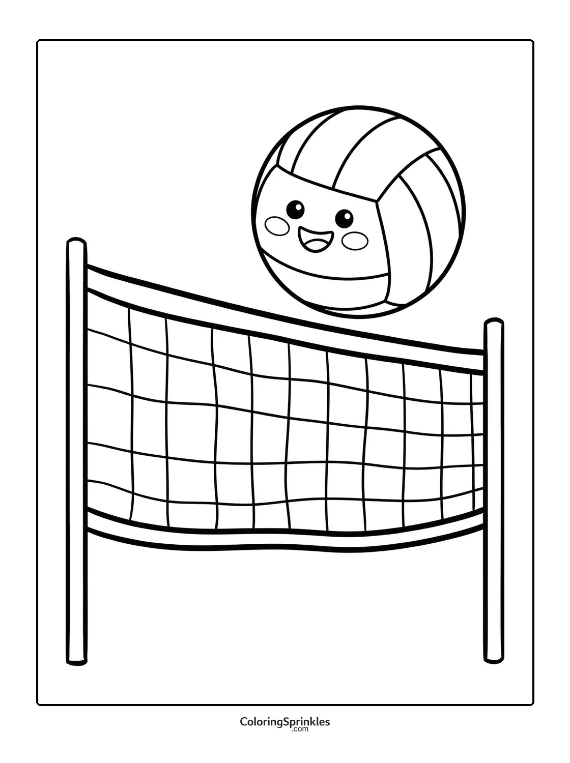 Coloring page of a smiling volleyball above a net