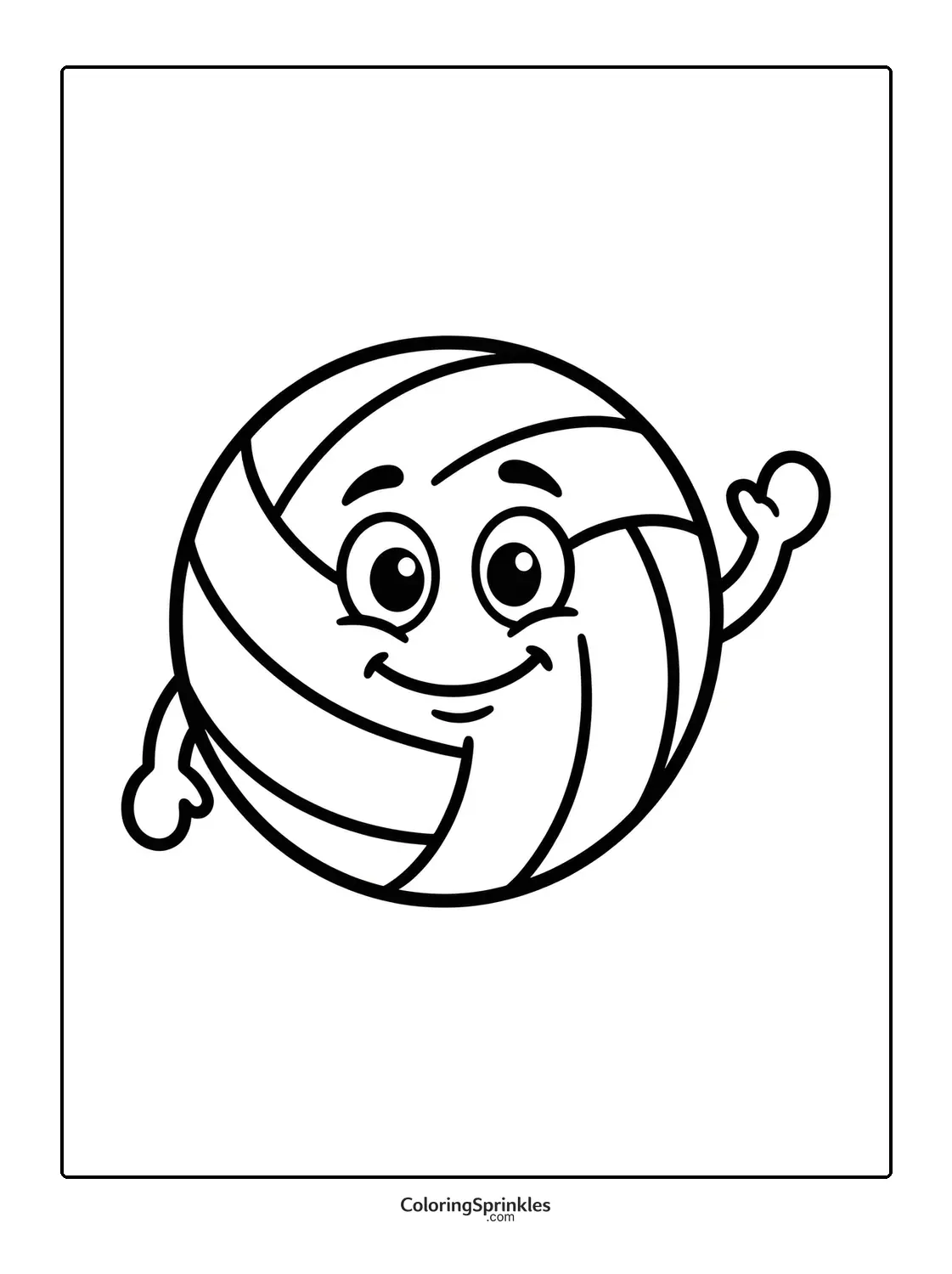 Coloring page of a volleyball with a smiling face and waving arms