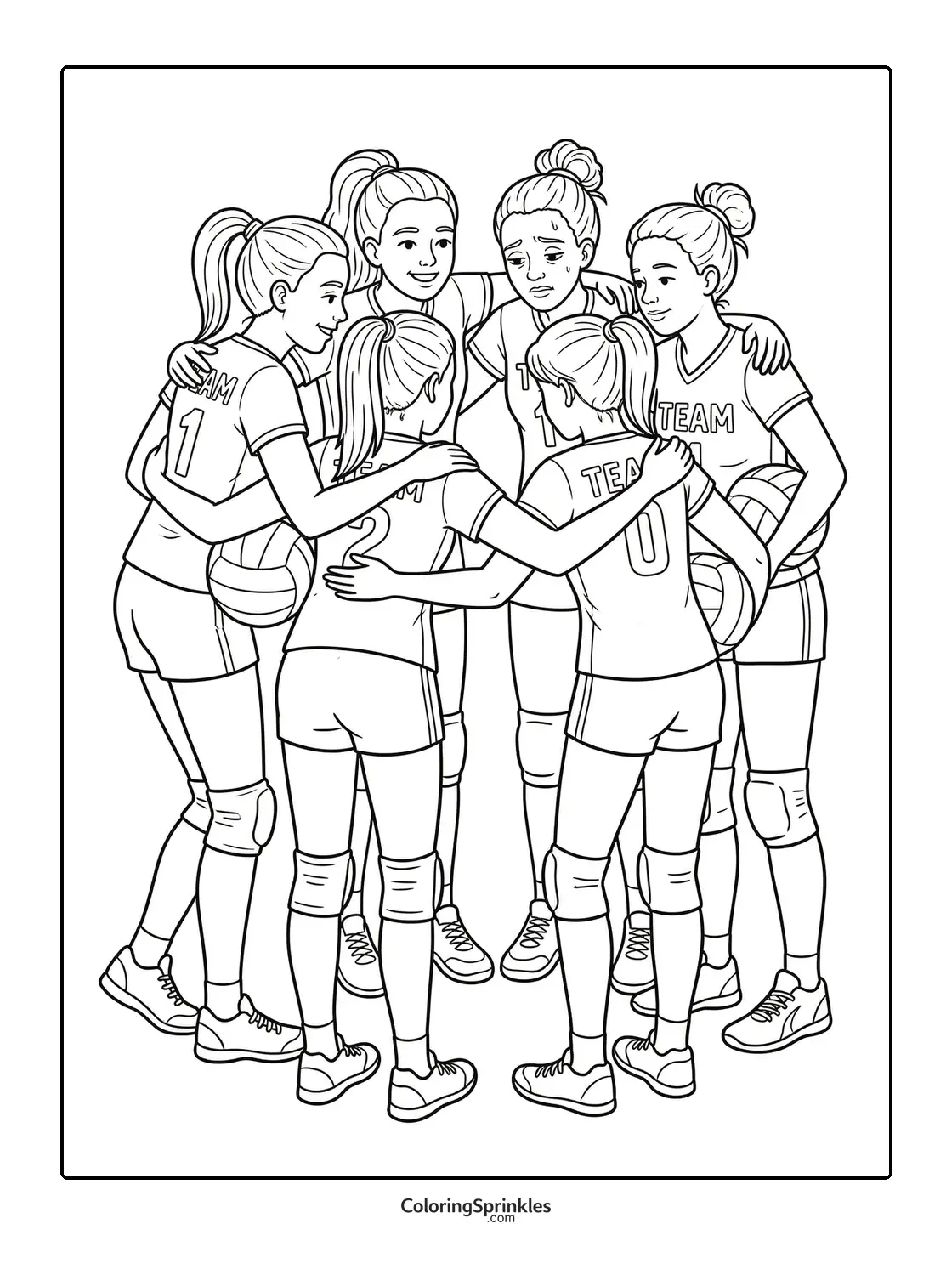 Coloring page of a volleyball team of girls in a huddle