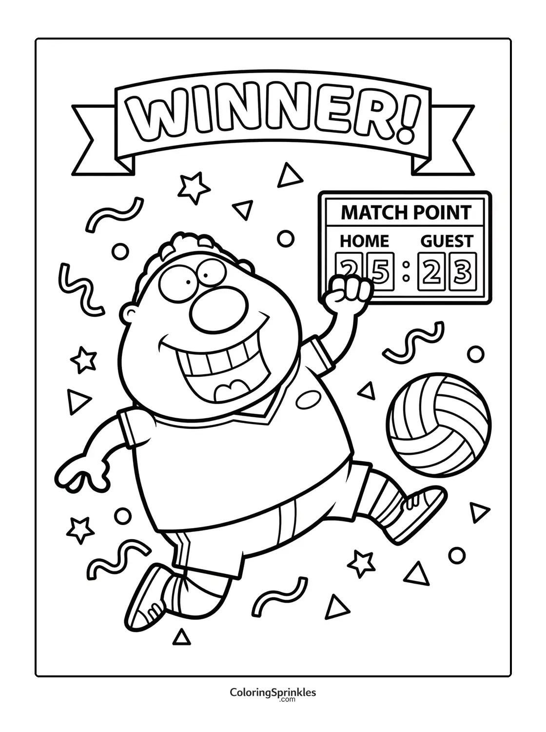 Coloring page of a volleyball player celebrating a match point win