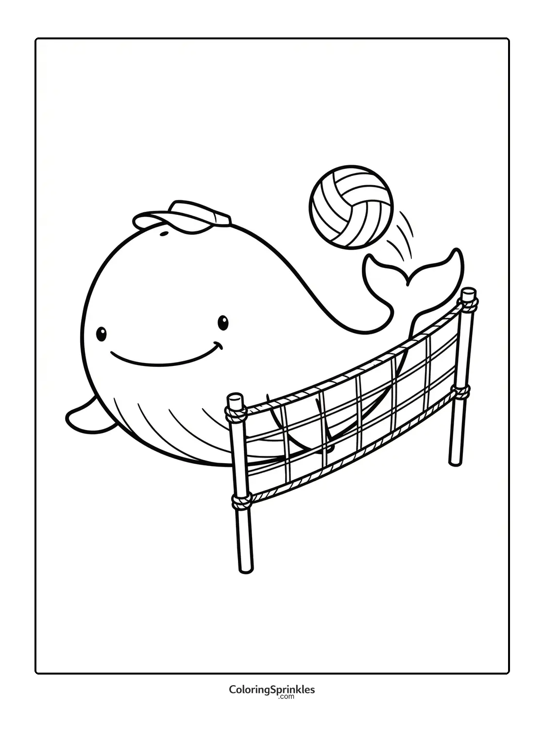 Coloring page of a whale playing volleyball with a hat and net