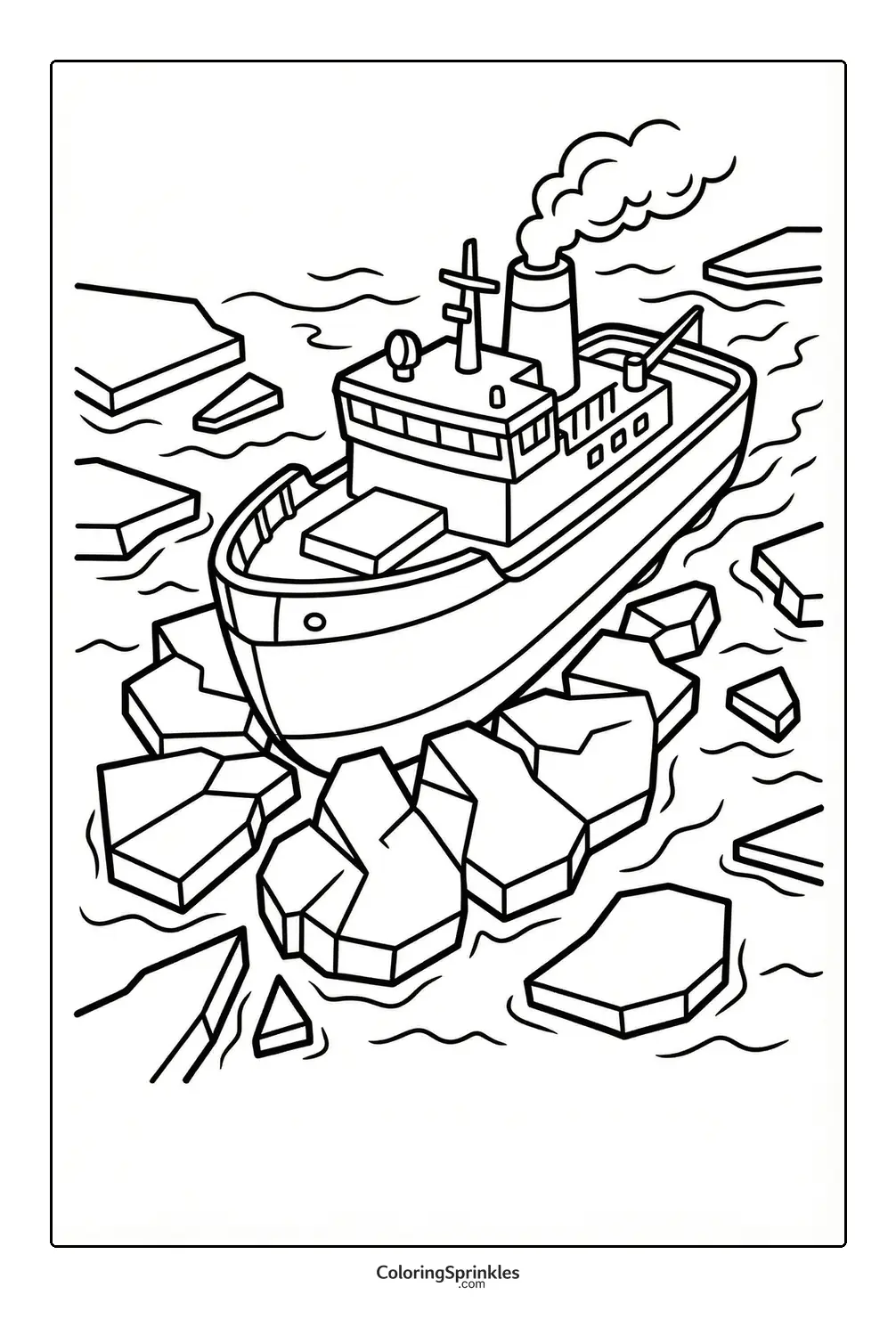 Coloring page of a boat navigating through icebergs with smoke coming from its stack