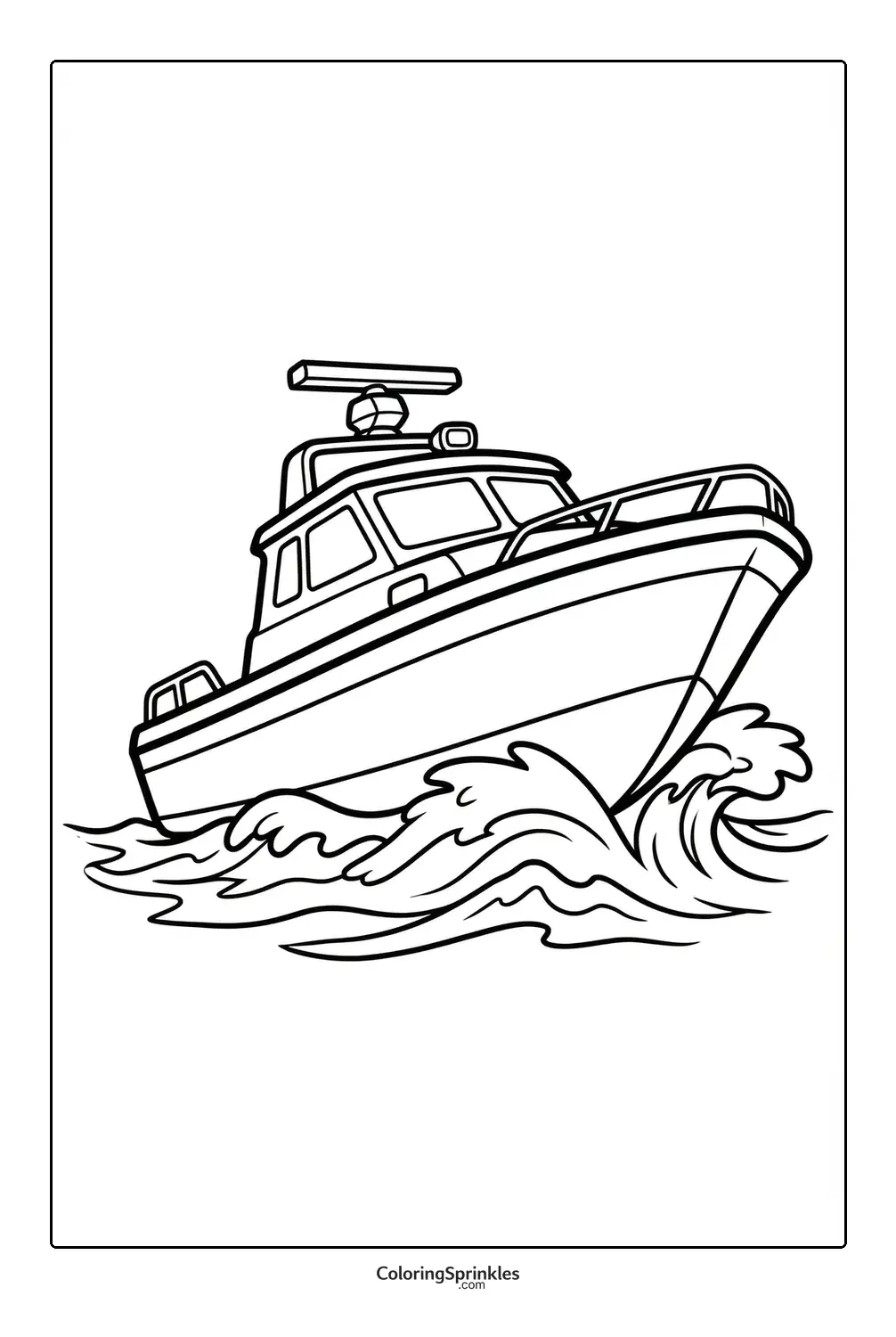 Coloring page of a boat riding waves on water