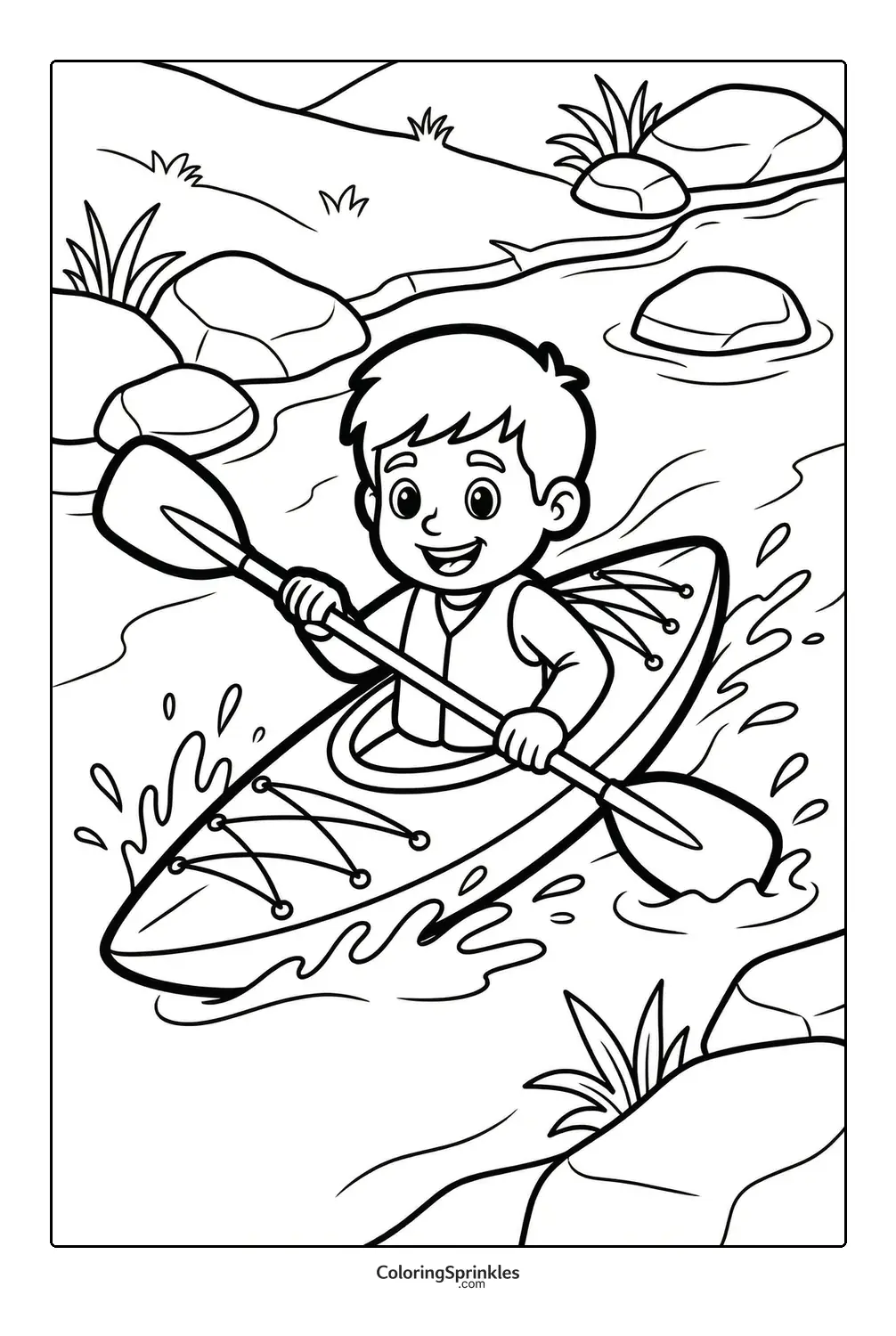 Coloring page of a boy kayaking on a river with rocks