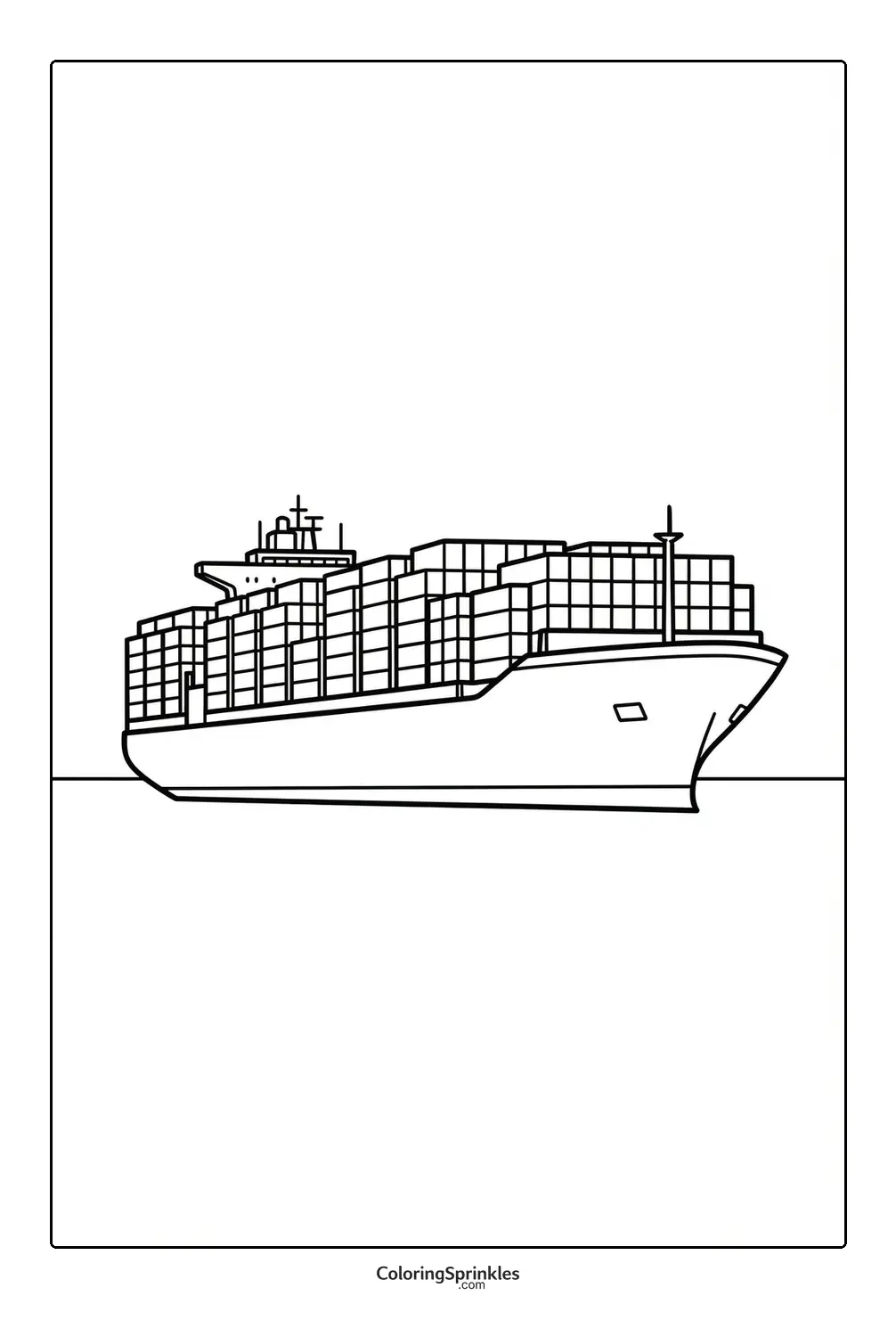Coloring page of a container ship loaded with cargo at sea