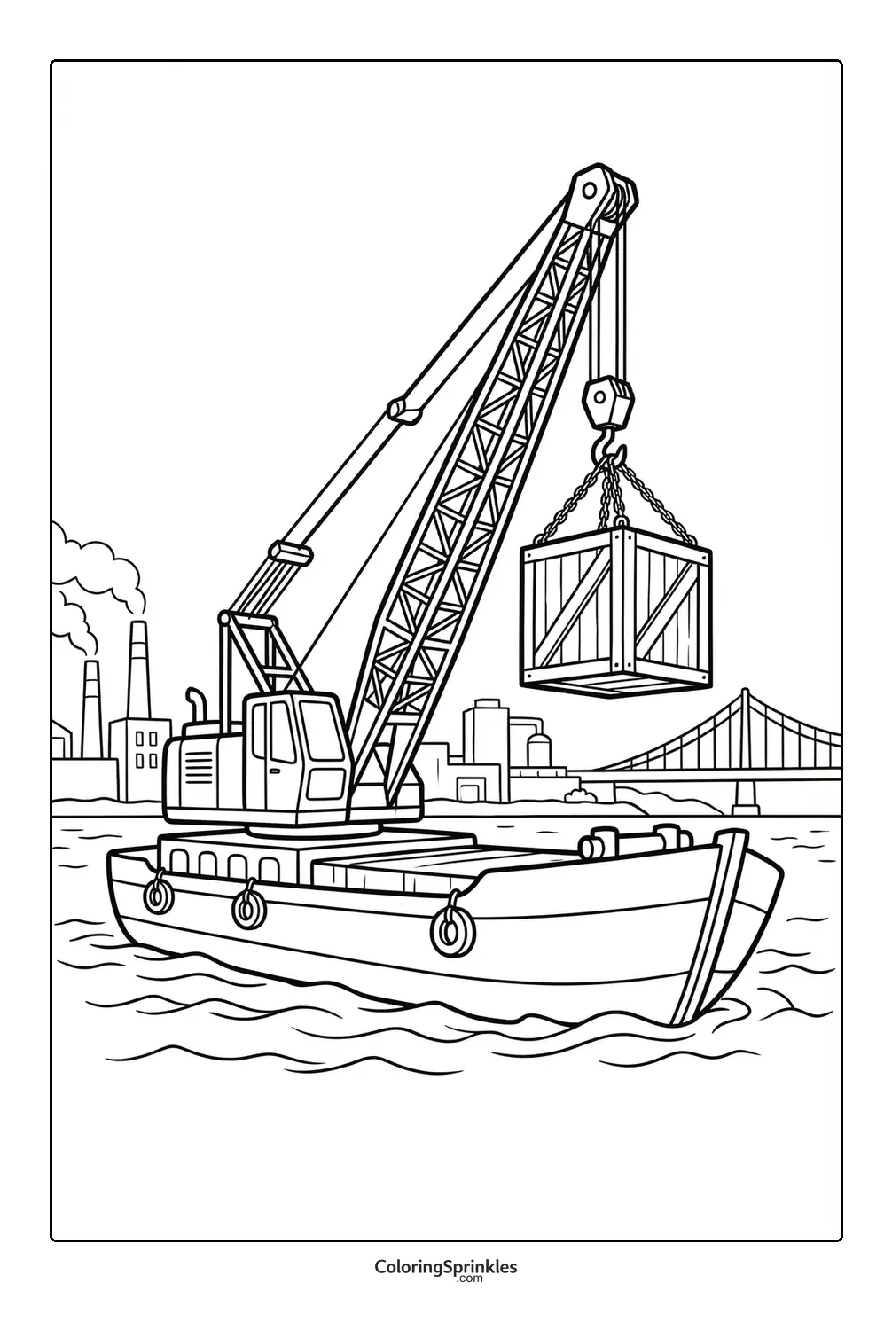 Coloring page of a crane boat lifting a cargo crate near a bridge