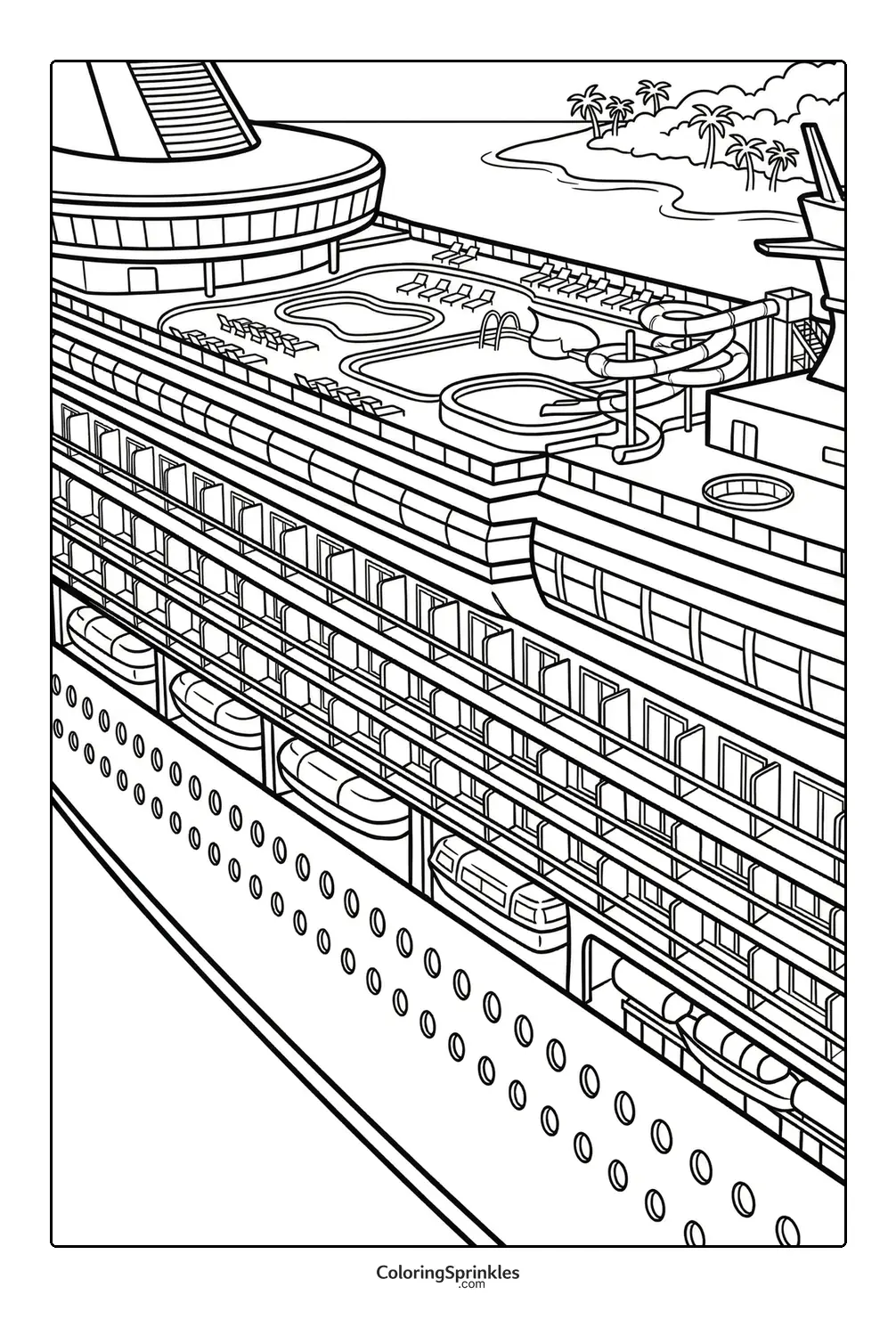 Coloring page of a cruise ship deck with pools and water slides