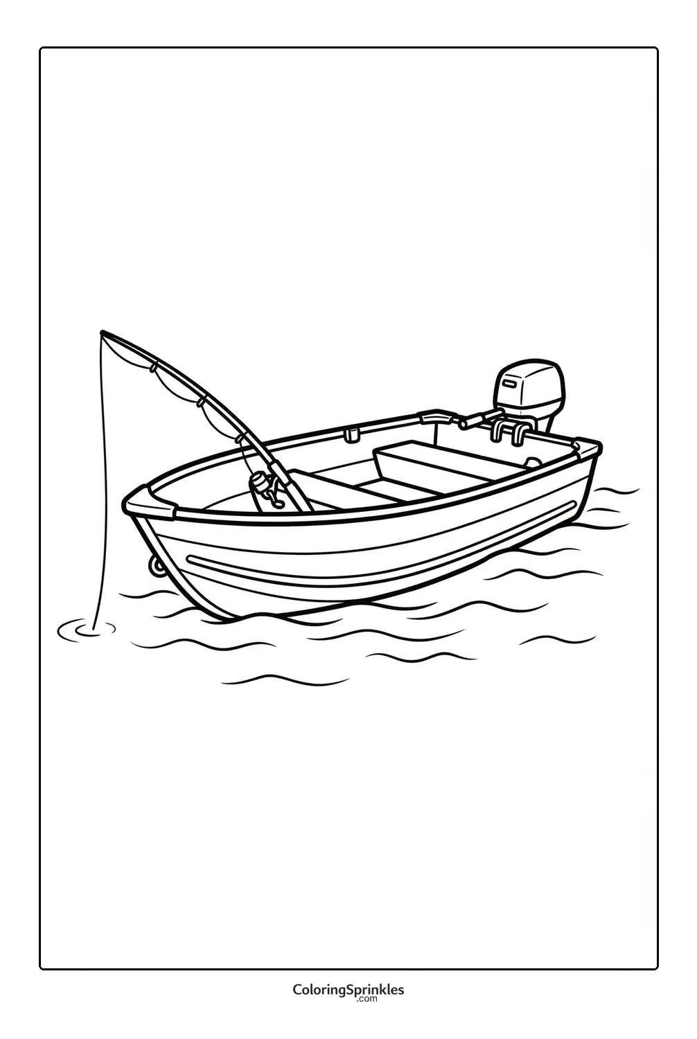 Coloring page of a fishing boat with a motor on water with waves