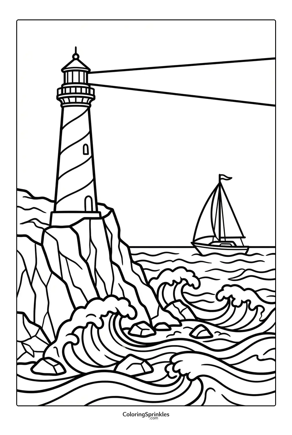 Coloring page of a lighthouse on a rocky coast with waves and a sailboat