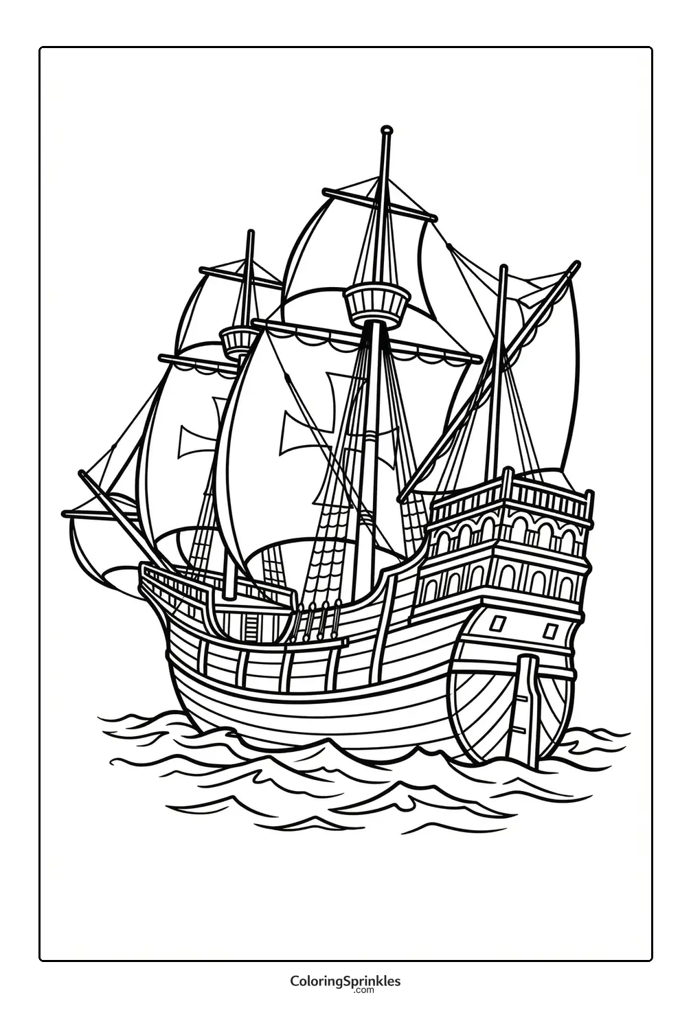 Coloring page of an old sailing ship with cross sails on waves